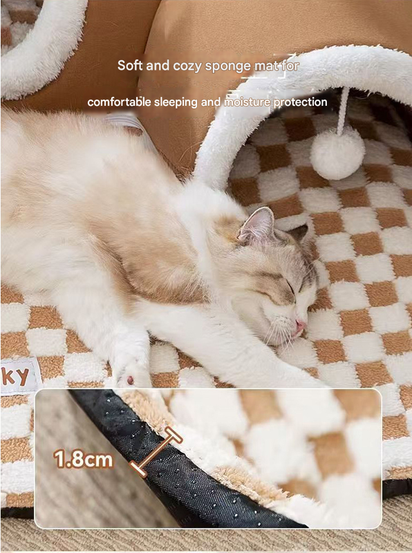 Grey XL size Cat Tunnel Bed House 4-Season Universal Removable Washable U-Shaped Cat Cave with Multi-Entrance, Plush Hideaway Pet Nest with Detachable Mat for Indoor Cats, Non-Slip Bottom, Multi-Cat Friendly