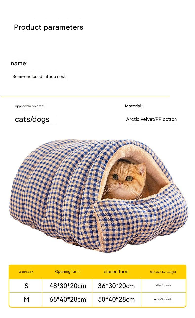 S size Blue Plaid Cat Cave Bed Winter Warm Enclosed Pet House Cozy Cat Sleeping Bag Semi-Enclosed Cat Nest Small Dog Bed PP Cotton Filling Washable Pet Supplies