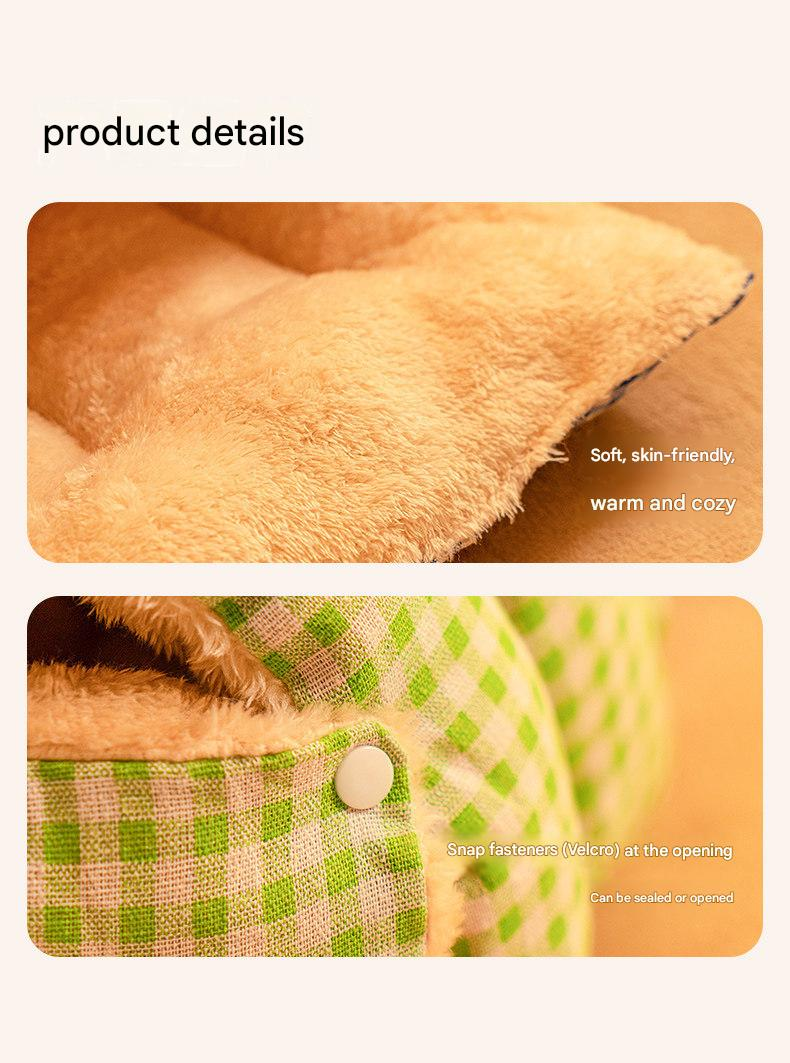 M size Green Plaid Cat Cave Bed Winter Warm Enclosed Pet House Cozy Cat Sleeping Bag Semi-Enclosed Cat Nest Small Dog Bed PP Cotton Filling Washable Pet Supplies