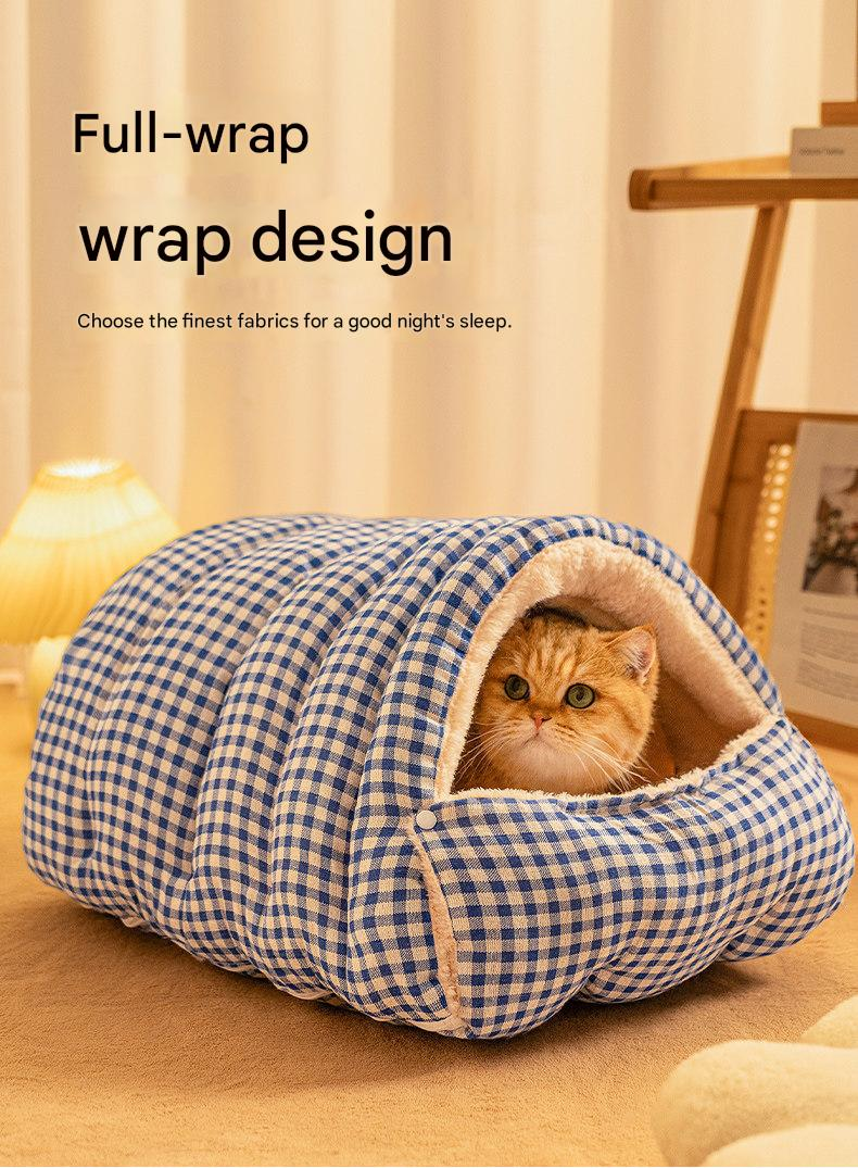 S size Orange Plaid Cat Cave Bed Winter Warm Enclosed Pet House Cozy Cat Sleeping Bag Semi-Enclosed Cat Nest Small Dog Bed PP Cotton Filling Washable Pet Supplies