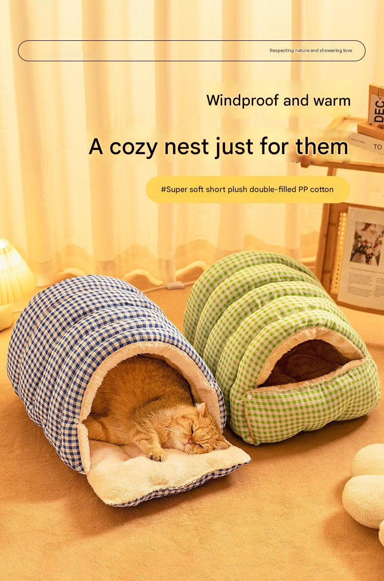 M size Orange Plaid Cat Cave Bed Winter Warm Enclosed Pet House Cozy Cat Sleeping Bag Semi-Enclosed Cat Nest Small Dog Bed PP Cotton Filling Washable Pet Supplies