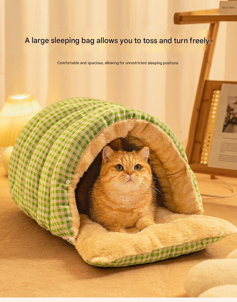 M size Yellow Plaid Cat Cave Bed Winter Warm Enclosed Pet House Cozy Cat Sleeping Bag Semi-Enclosed Cat Nest Small Dog Bed PP Cotton Filling Washable Pet Supplies