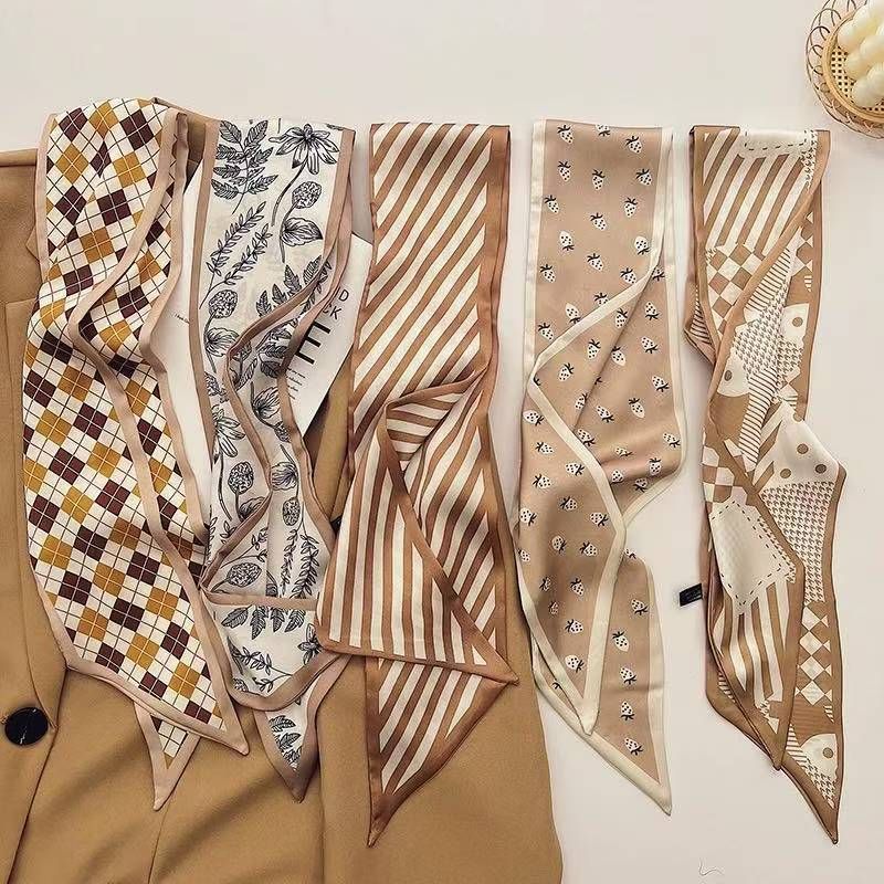 2-piece Coffee Geometry and Pencil Drawing French Style Long Silk Scarf - Coffee  Print - Versatile Skinny Neck Ribbon, Hair Tie, Bag Handle Accessory, Elegant Office Wear, Lightweight Polyester