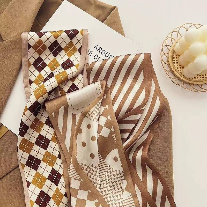 2-piece Coffee Geometry and Pencil Drawing French Style Long Silk Scarf - Coffee  Print - Versatile Skinny Neck Ribbon, Hair Tie, Bag Handle Accessory, Elegant Office Wear, Lightweight Polyester