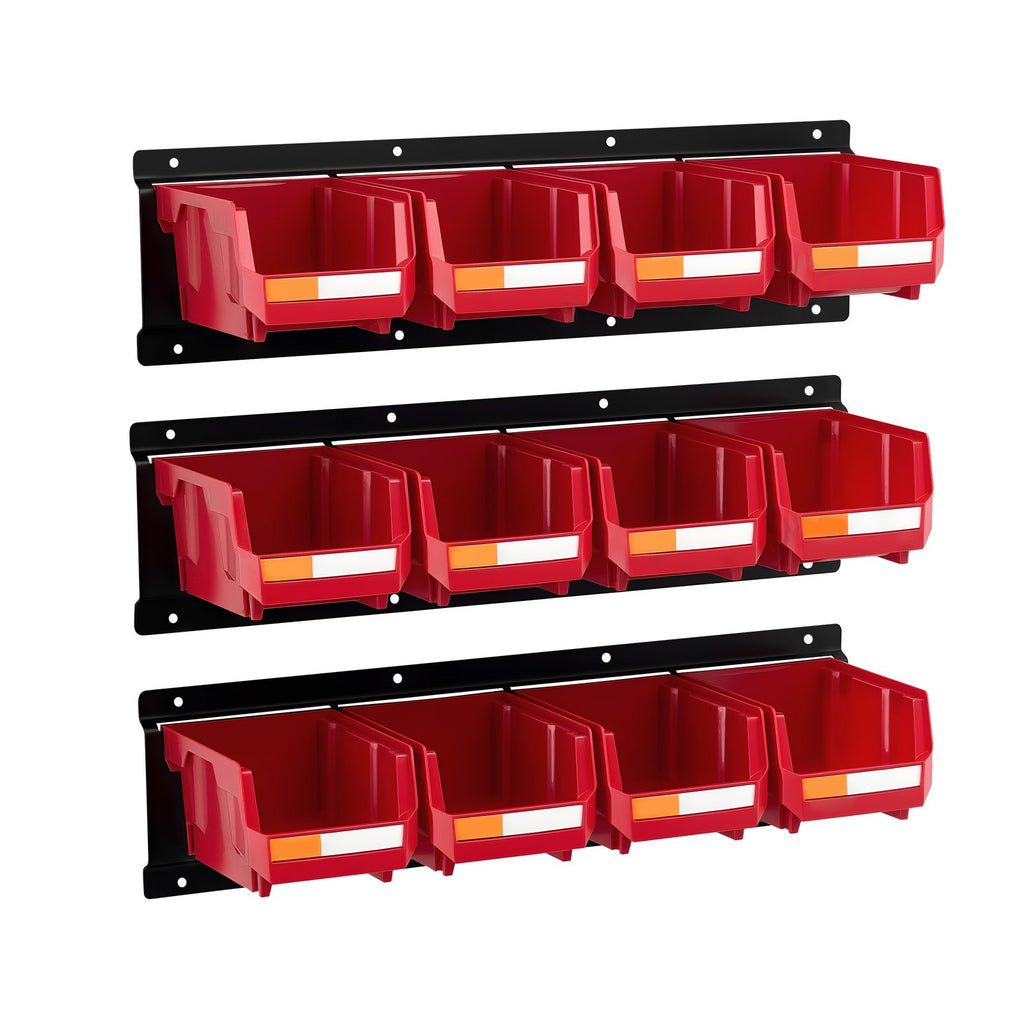 Wall Mounted Storage Bins, 12 Plastic Bins & 3 Metal Rails, Plastic Hanging Stackable Storage Bin for Screws, Nuts, Bolts, Nails, Hardware Tool Organizer for Workshop, Craft Room, Garage, Red