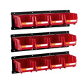 Wall Mounted Storage Bins, 12 Plastic Bins & 3 Metal Rails, Plastic Hanging Stackable Storage Bin for Screws, Nuts, Bolts, Nails, Hardware Tool Organizer for Workshop, Craft Room, Garage, Red