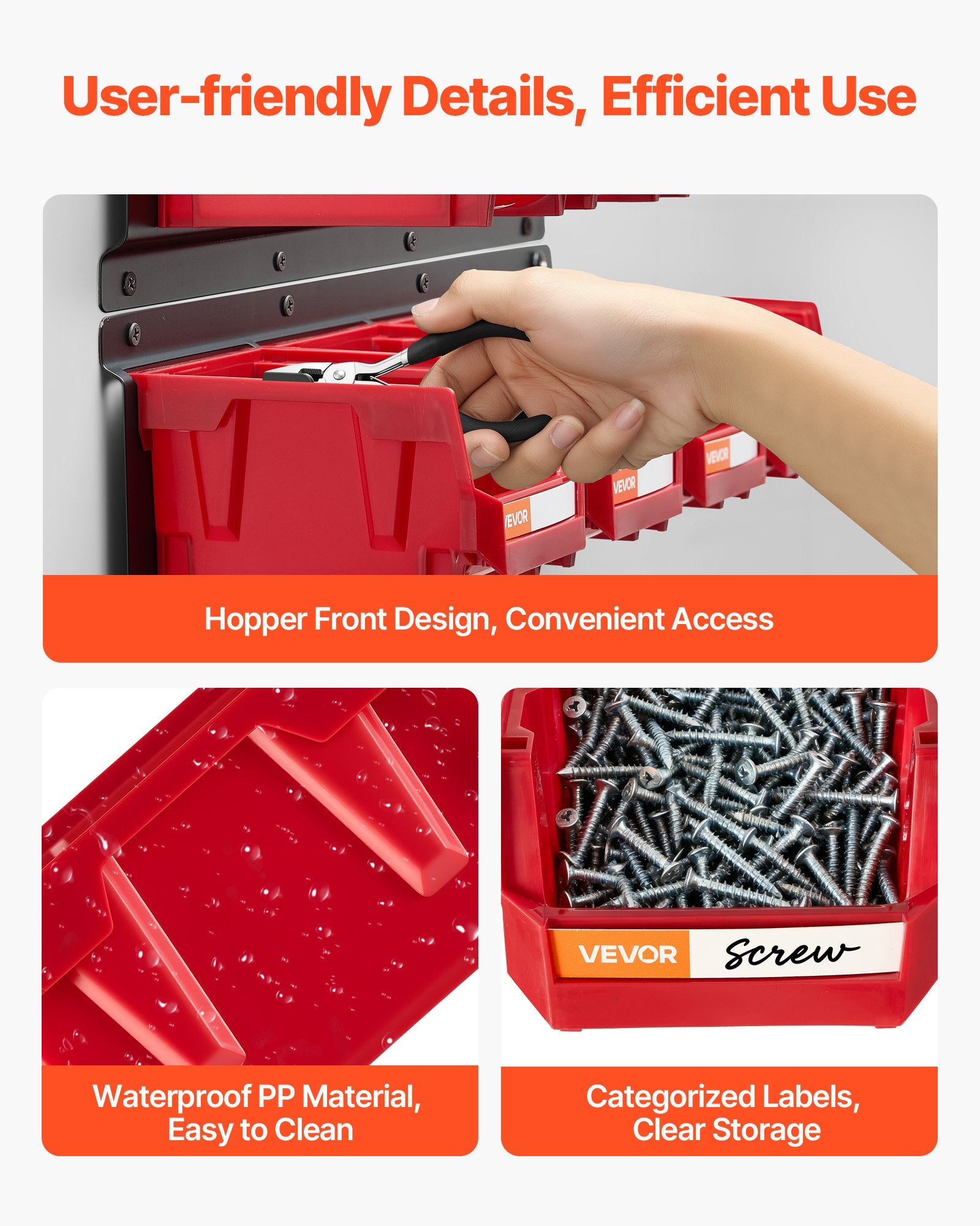 Wall Mounted Storage Bins, 12 Plastic Bins & 3 Metal Rails, Plastic Hanging Stackable Storage Bin for Screws, Nuts, Bolts, Nails, Hardware Tool Organizer for Workshop, Craft Room, Garage, Red
