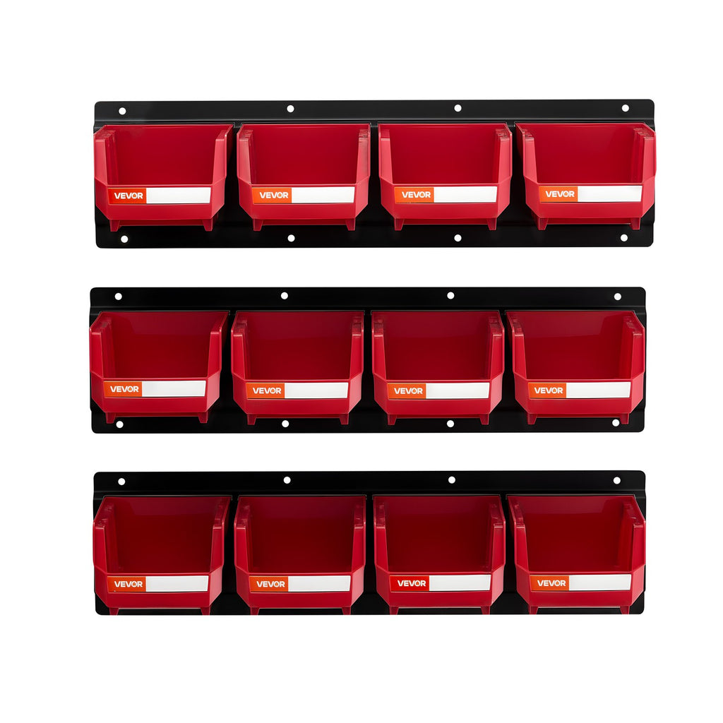 Wall Mounted Storage Bins, 12 Plastic Bins & 3 Metal Rails, Plastic Hanging Stackable Storage Bin for Screws, Nuts, Bolts, Nails, Hardware Tool Organizer for Workshop, Craft Room, Garage, Red