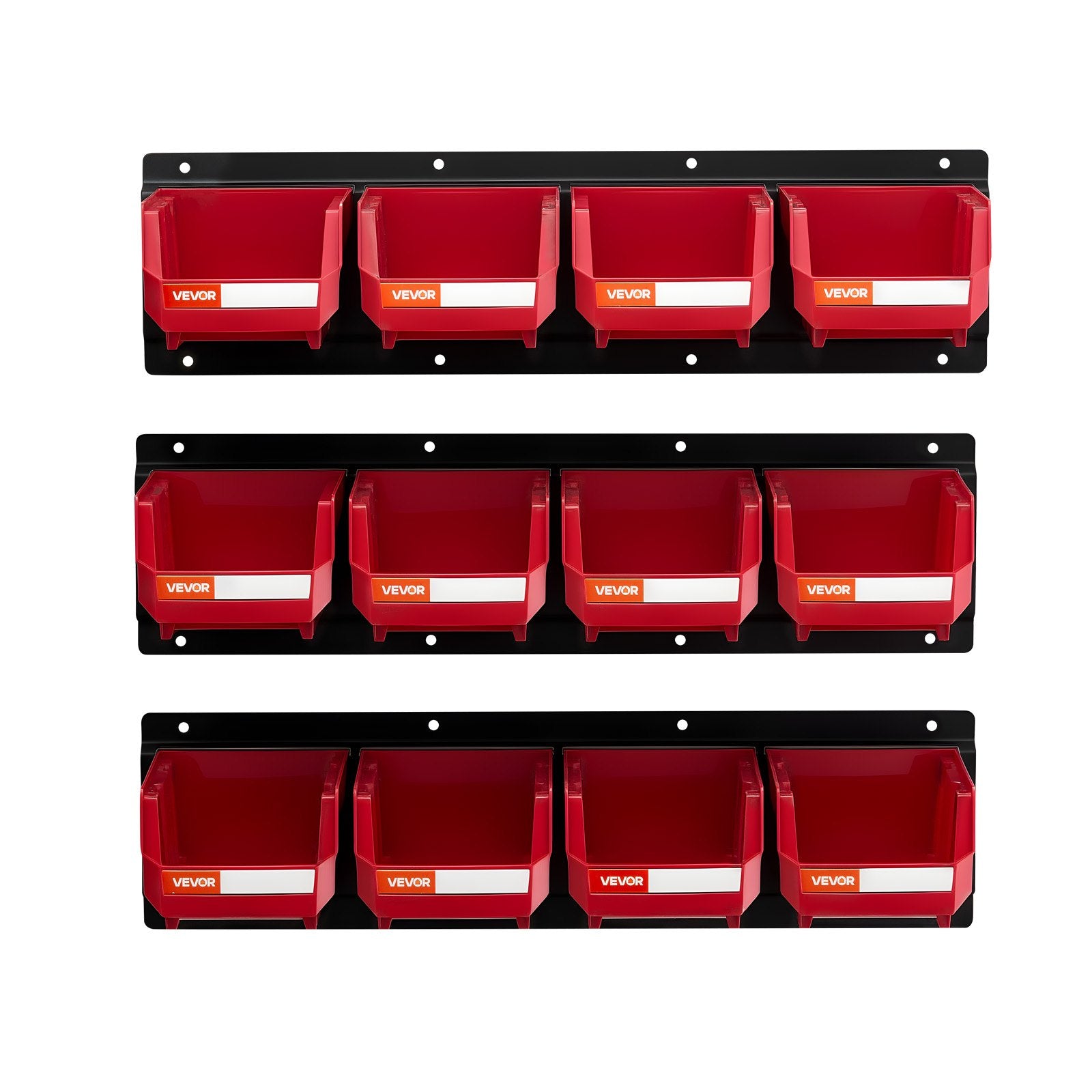 Wall Mounted Storage Bins, 12 Plastic Bins & 3 Metal Rails, Plastic Hanging Stackable Storage Bin for Screws, Nuts, Bolts, Nails, Hardware Tool Organizer for Workshop, Craft Room, Garage, Red