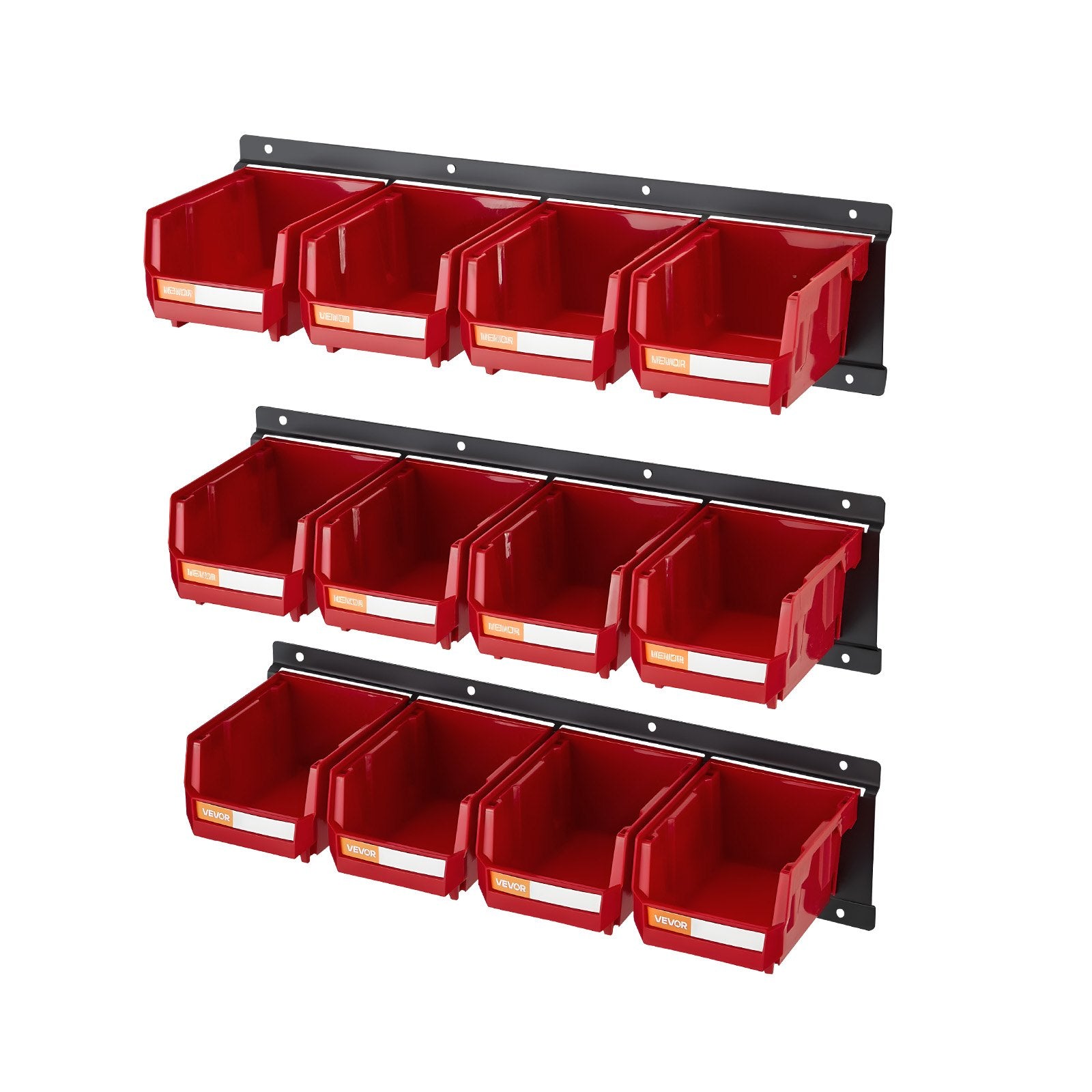 Wall Mounted Storage Bins, 12 Plastic Bins & 3 Metal Rails, Plastic Hanging Stackable Storage Bin for Screws, Nuts, Bolts, Nails, Hardware Tool Organizer for Workshop, Craft Room, Garage, Red