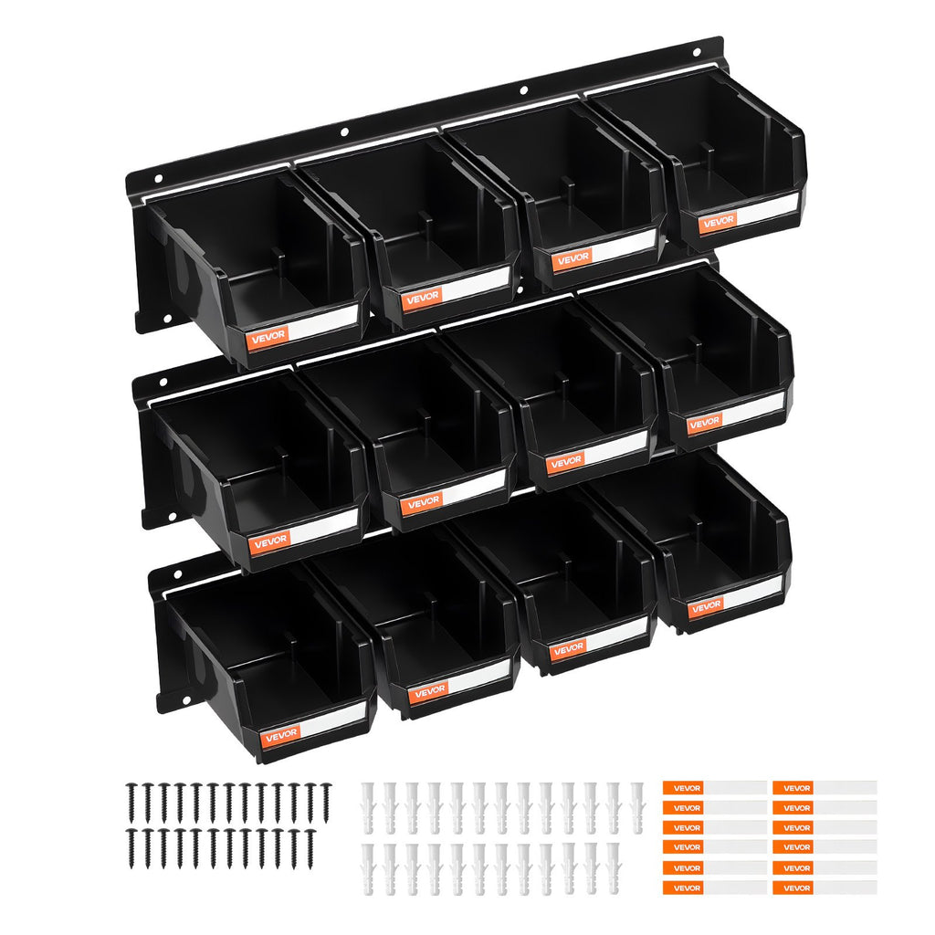 Wall Mounted Storage Bins, 12 Plastic Bins & 3 Metal Rails, Plastic Hanging Stackable Storage Bin for Screws, Nuts, Bolts, Nails, Hardware Tool Organizer for Workshop, Craft Room, Garage, Black