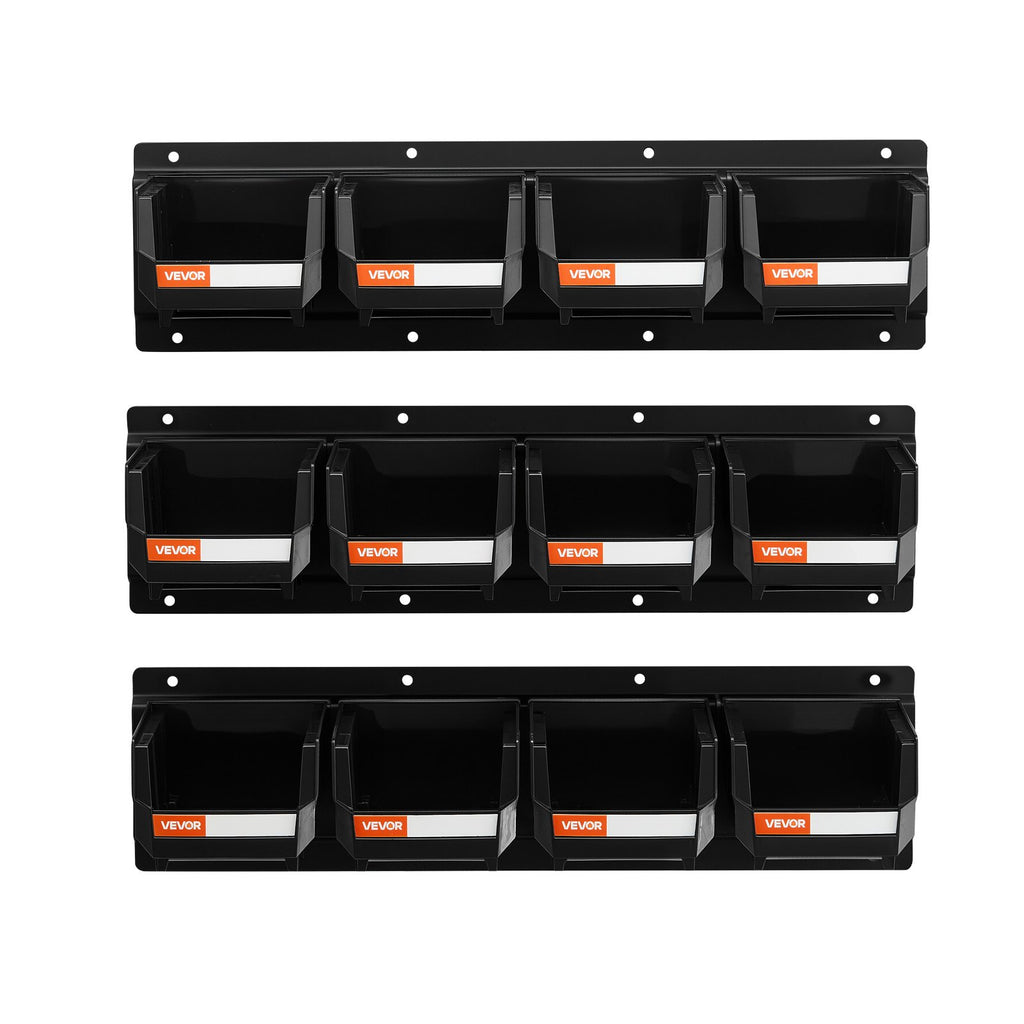 Wall Mounted Storage Bins, 12 Plastic Bins & 3 Metal Rails, Plastic Hanging Stackable Storage Bin for Screws, Nuts, Bolts, Nails, Hardware Tool Organizer for Workshop, Craft Room, Garage, Black