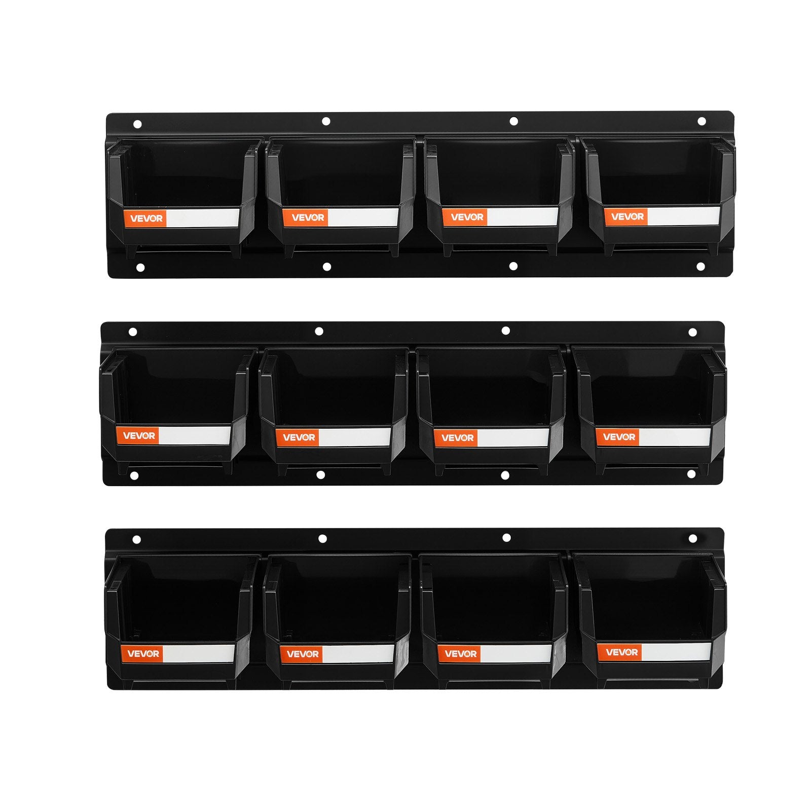 Wall Mounted Storage Bins, 12 Plastic Bins & 3 Metal Rails, Plastic Hanging Stackable Storage Bin for Screws, Nuts, Bolts, Nails, Hardware Tool Organizer for Workshop, Craft Room, Garage, Black