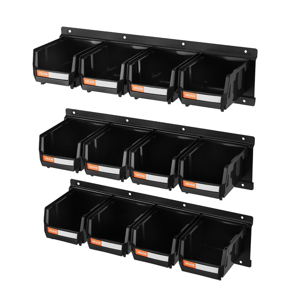 Wall Mounted Storage Bins, 12 Plastic Bins & 3 Metal Rails, Plastic Hanging Stackable Storage Bin for Screws, Nuts, Bolts, Nails, Hardware Tool Organizer for Workshop, Craft Room, Garage, Black