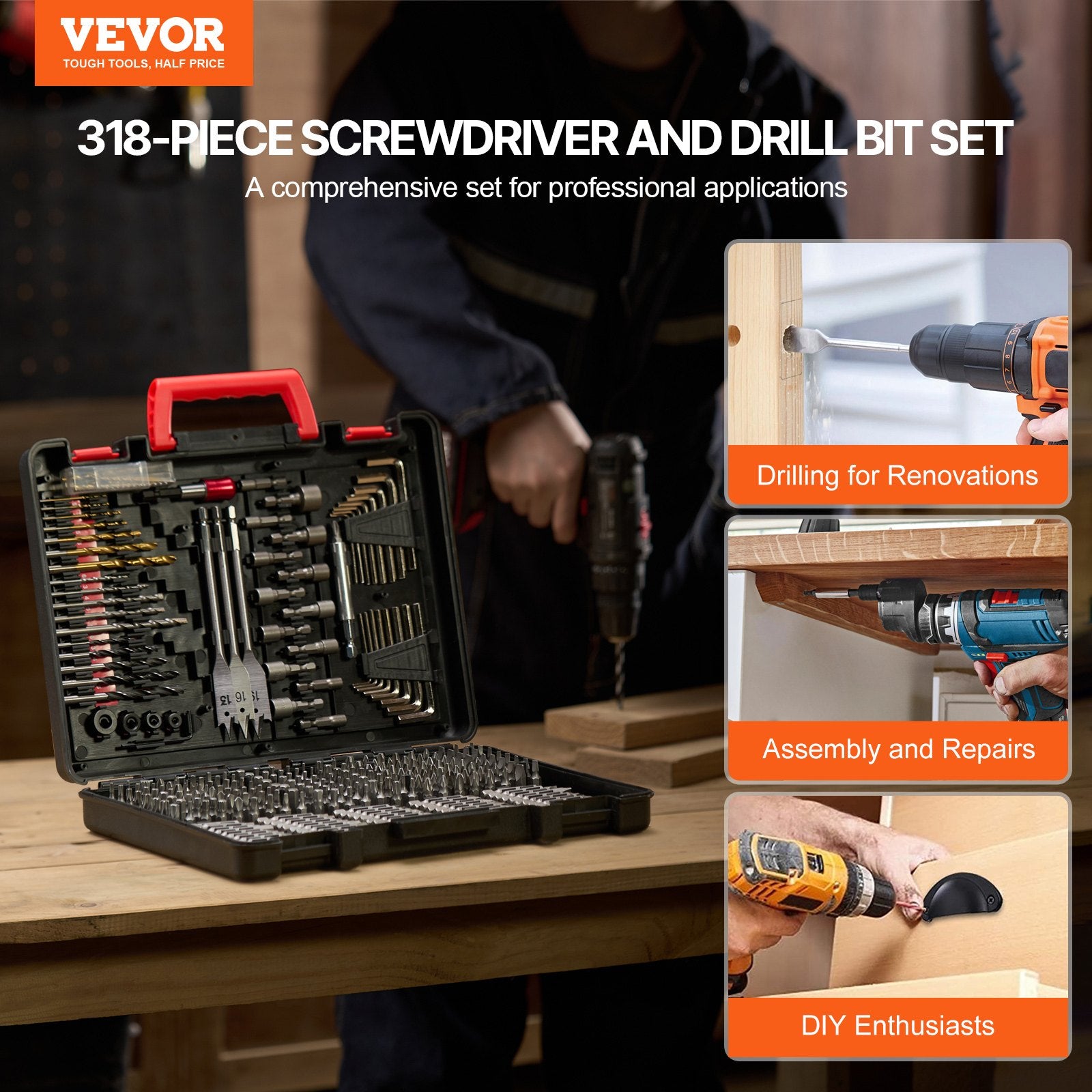 Drill Bit Set, 318 Pieces Drill and Driver Bit Set, Screwdriver Bit Set Suitable for Wood Metal Cement Drilling and Screw Driving, Drill Bit Sets Combo Kit Assorted in Organized Carrying Case