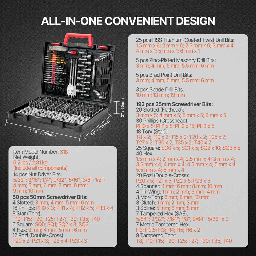 Drill Bit Set, 318 Pieces Drill and Driver Bit Set, Screwdriver Bit Set Suitable for Wood Metal Cement Drilling and Screw Driving, Drill Bit Sets Combo Kit Assorted in Organized Carrying Case