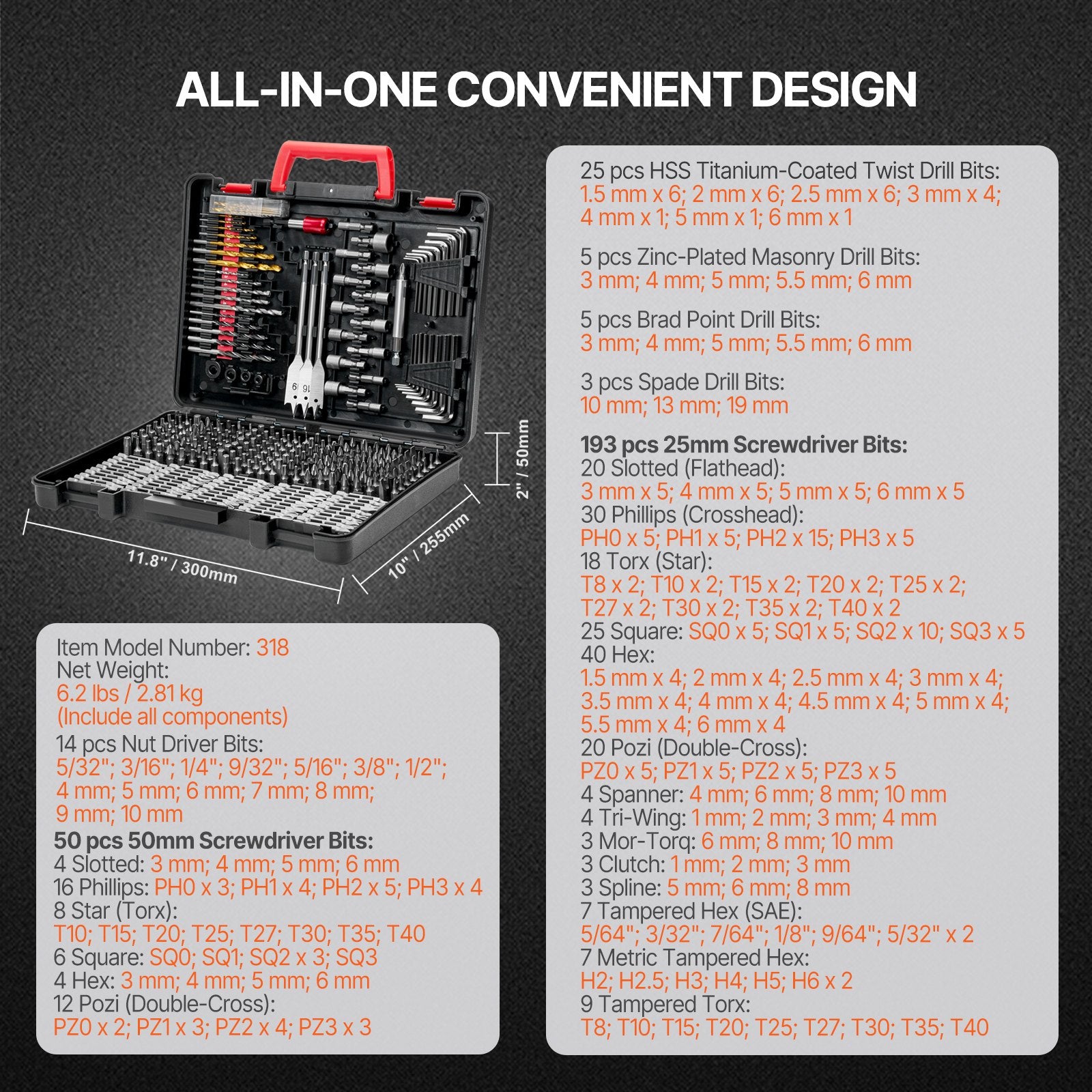 Drill Bit Set, 318 Pieces Drill and Driver Bit Set, Screwdriver Bit Set Suitable for Wood Metal Cement Drilling and Screw Driving, Drill Bit Sets Combo Kit Assorted in Organized Carrying Case