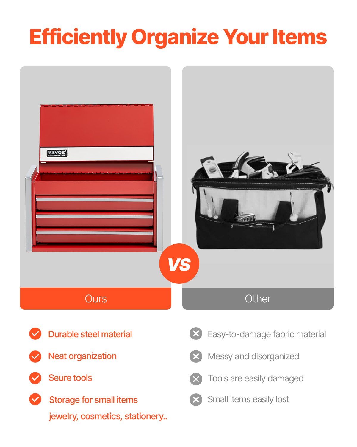 Metal Tool Box, 8.6-inch, Portable Metal Tool Box with 3 Drawers, Small Tool Chest with EVA Liners and PP Feet Pads, Heavy-Duty Steel With Ball Bearing Opening and Powder Coated Finish, Red