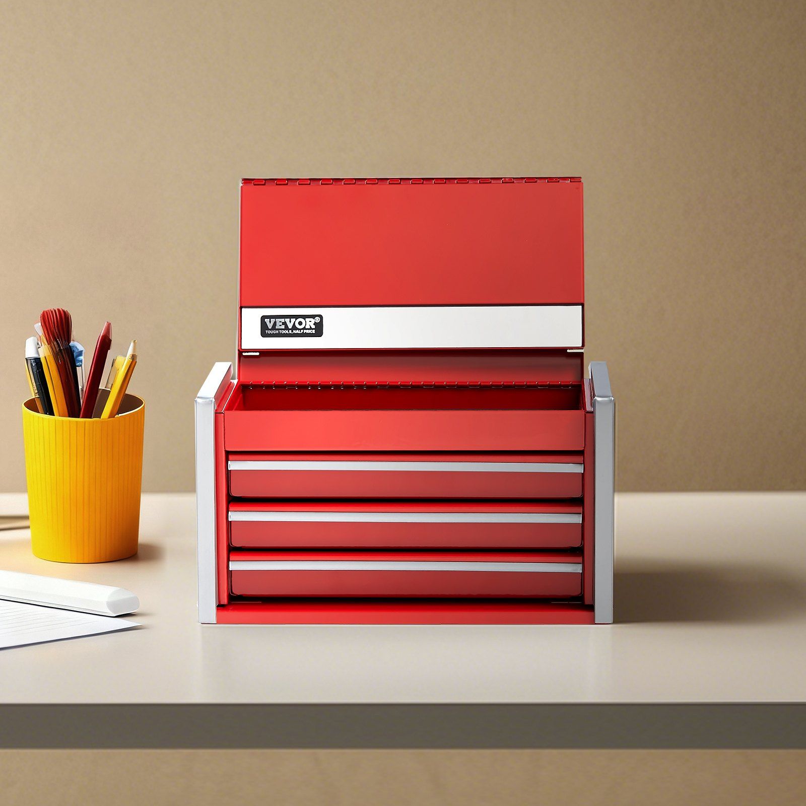 Metal Tool Box, 8.6-inch, Portable Metal Tool Box with 3 Drawers, Small Tool Chest with EVA Liners and PP Feet Pads, Heavy-Duty Steel With Ball Bearing Opening and Powder Coated Finish, Red