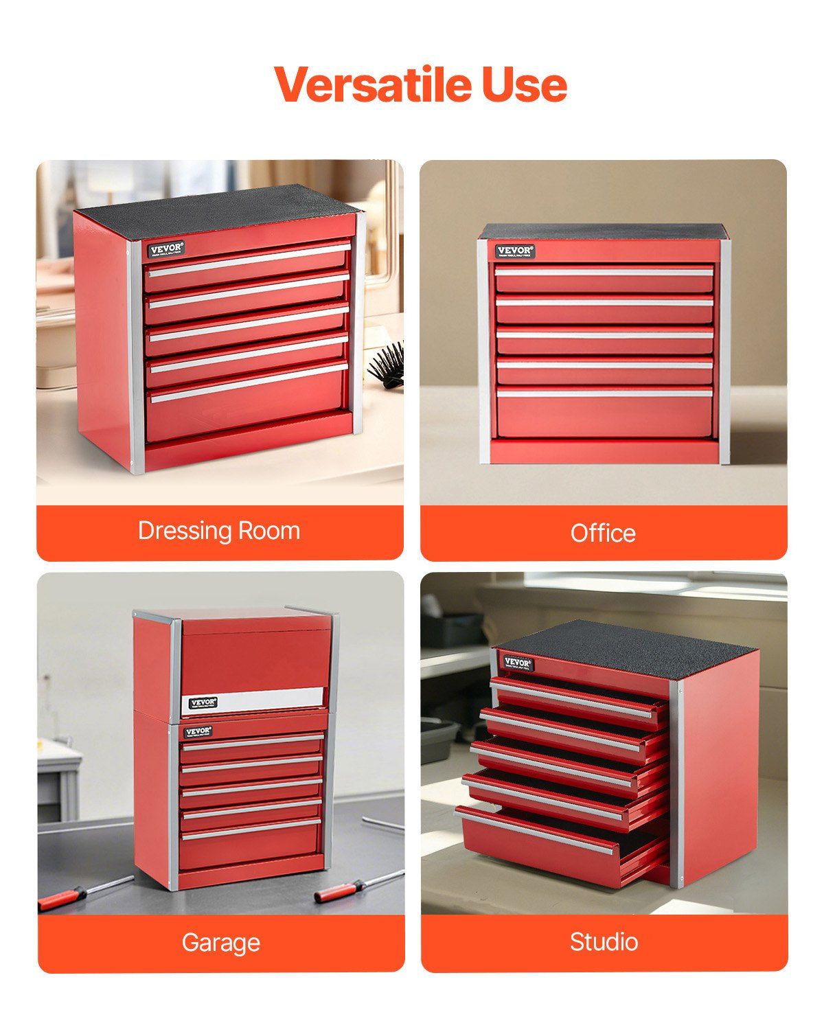 Metal Tool Box, 8.6-inch, Portable Metal Tool Box with 5 Drawers, Small Tool Chest with EVA Liners and PP Feet Pads, Heavy-Duty Steel With Ball Bearing Opening and Powder Coated Finish, Red