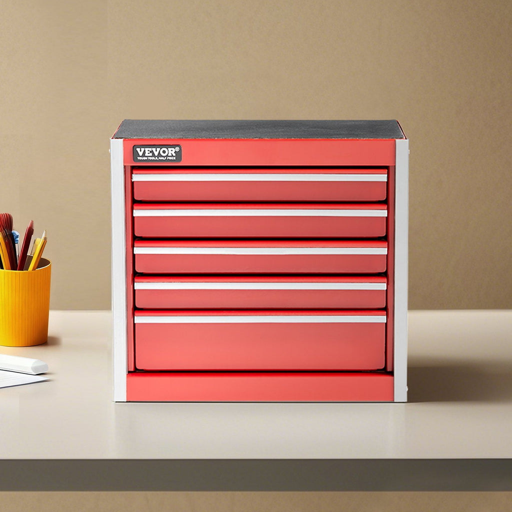 Metal Tool Box, 8.6-inch, Portable Metal Tool Box with 5 Drawers, Small Tool Chest with EVA Liners and PP Feet Pads, Heavy-Duty Steel With Ball Bearing Opening and Powder Coated Finish, Red