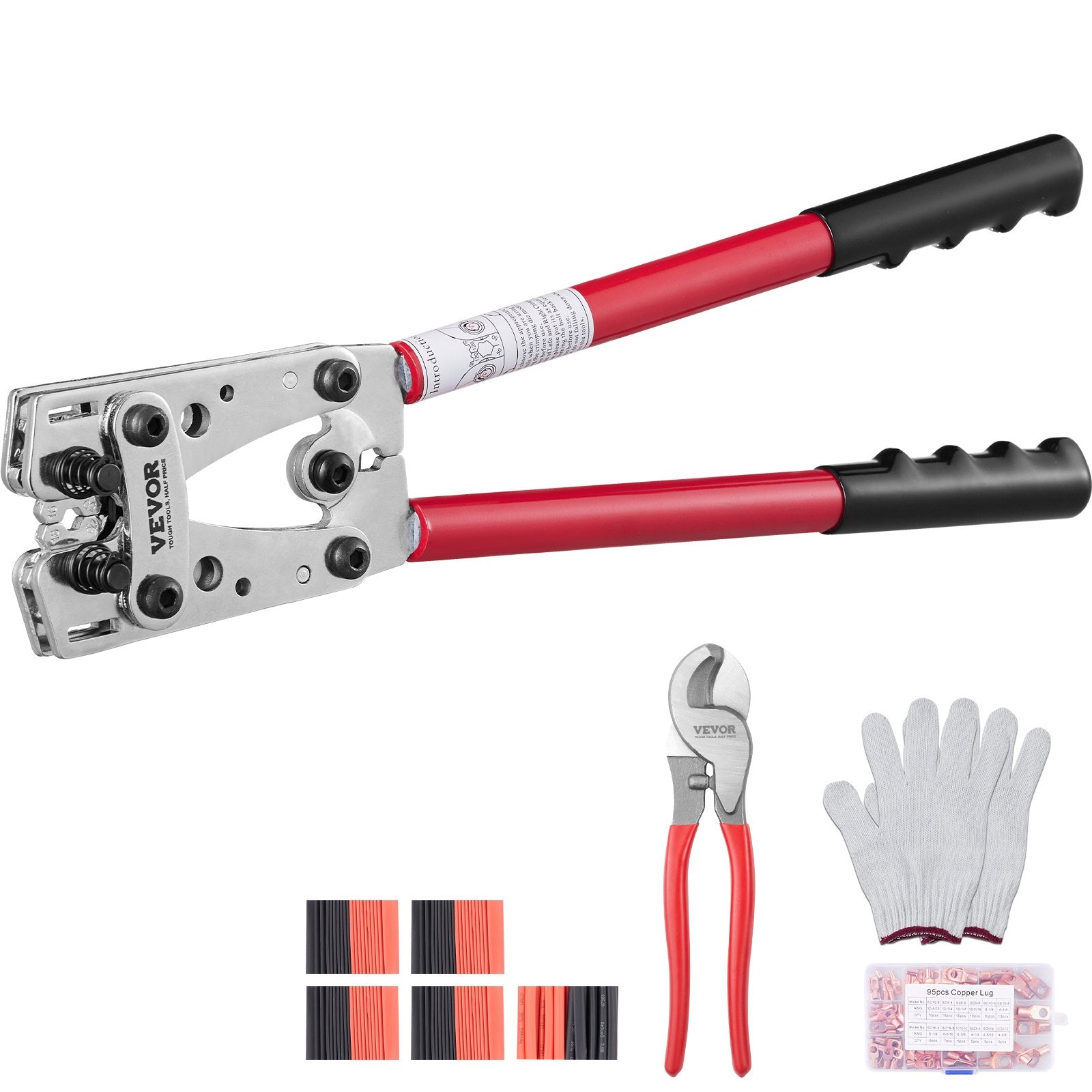 Battery Cable Lug Crimping Tool, 10-1/0AWG with Cable Cutter and 95PCS Copper Ring Terminals, 6 Wire Sizes Crimping Die and 100pcs Heat Shrink Tubes, for Heavy Duty Wire Lugs
