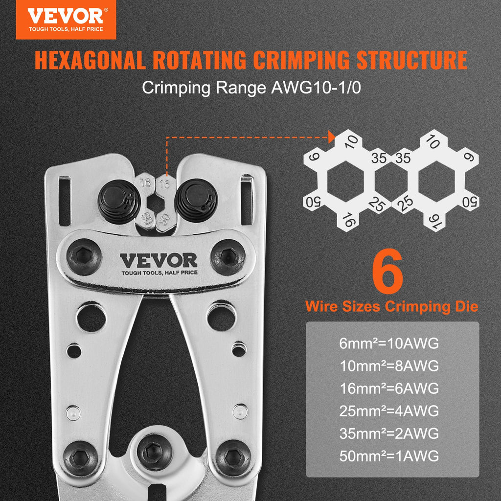 Battery Cable Lug Crimping Tool, 10-1/0AWG with Cable Cutter and 95PCS Copper Ring Terminals, 6 Wire Sizes Crimping Die and 100pcs Heat Shrink Tubes, for Heavy Duty Wire Lugs