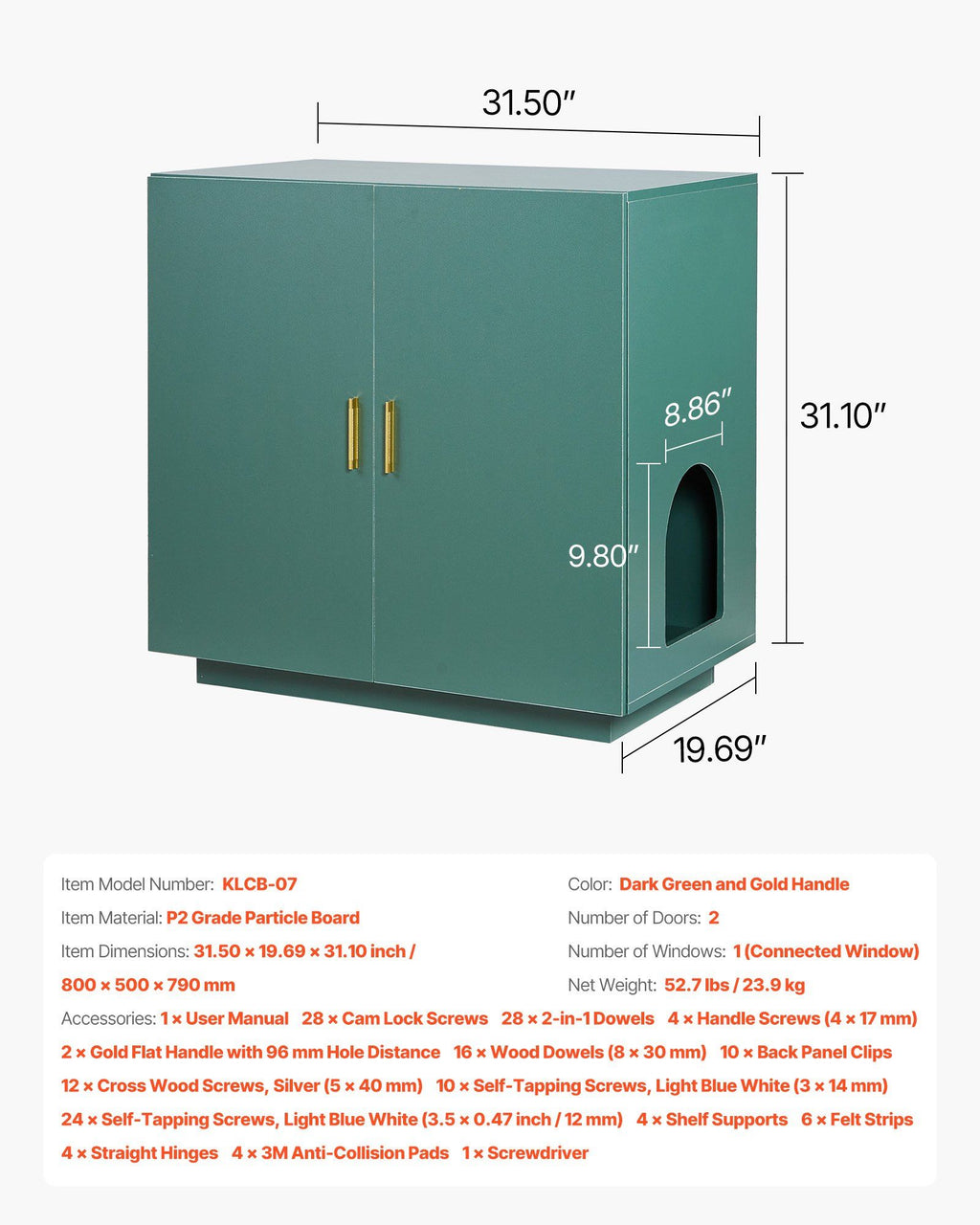 Cat Litter Box Enclosure, 80 cm Hidden Litter Box Cabinet, Wooden Indoor Cat Washroom with Ventilated Holes, Double-Door Kitty Pet House Furniture, End Side Table Fit Most Litterboxes