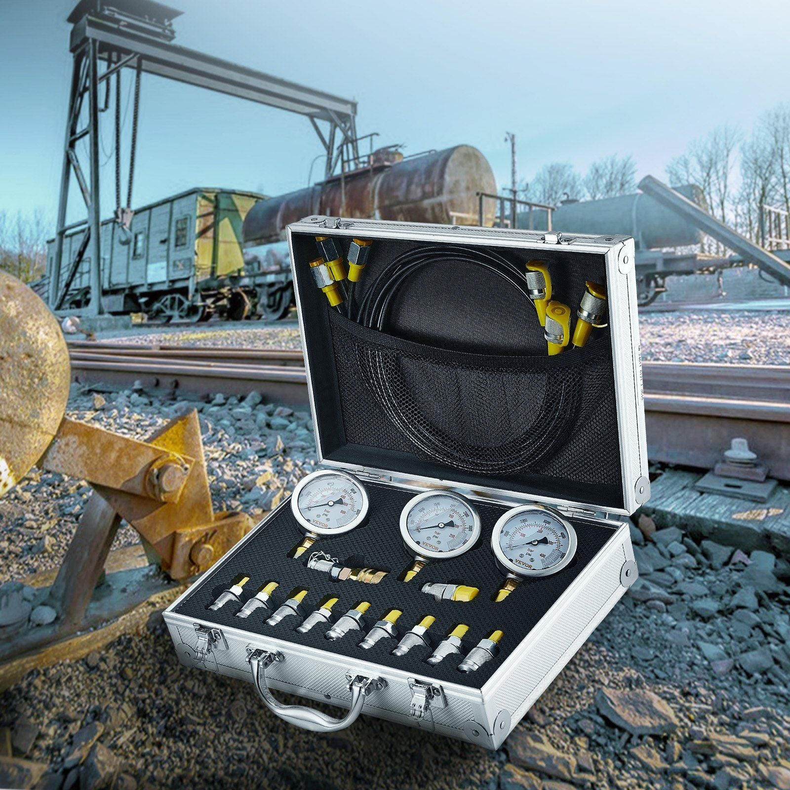 Hydraulic Pressure Test Kit, 250/400/600bar, 3 Gauges 11 Test Couplings 3 Test Hoses, Excavator Hydraulic Test Gauge Set with Portable Carrying Case for Excavator Tractors Construction Machinery