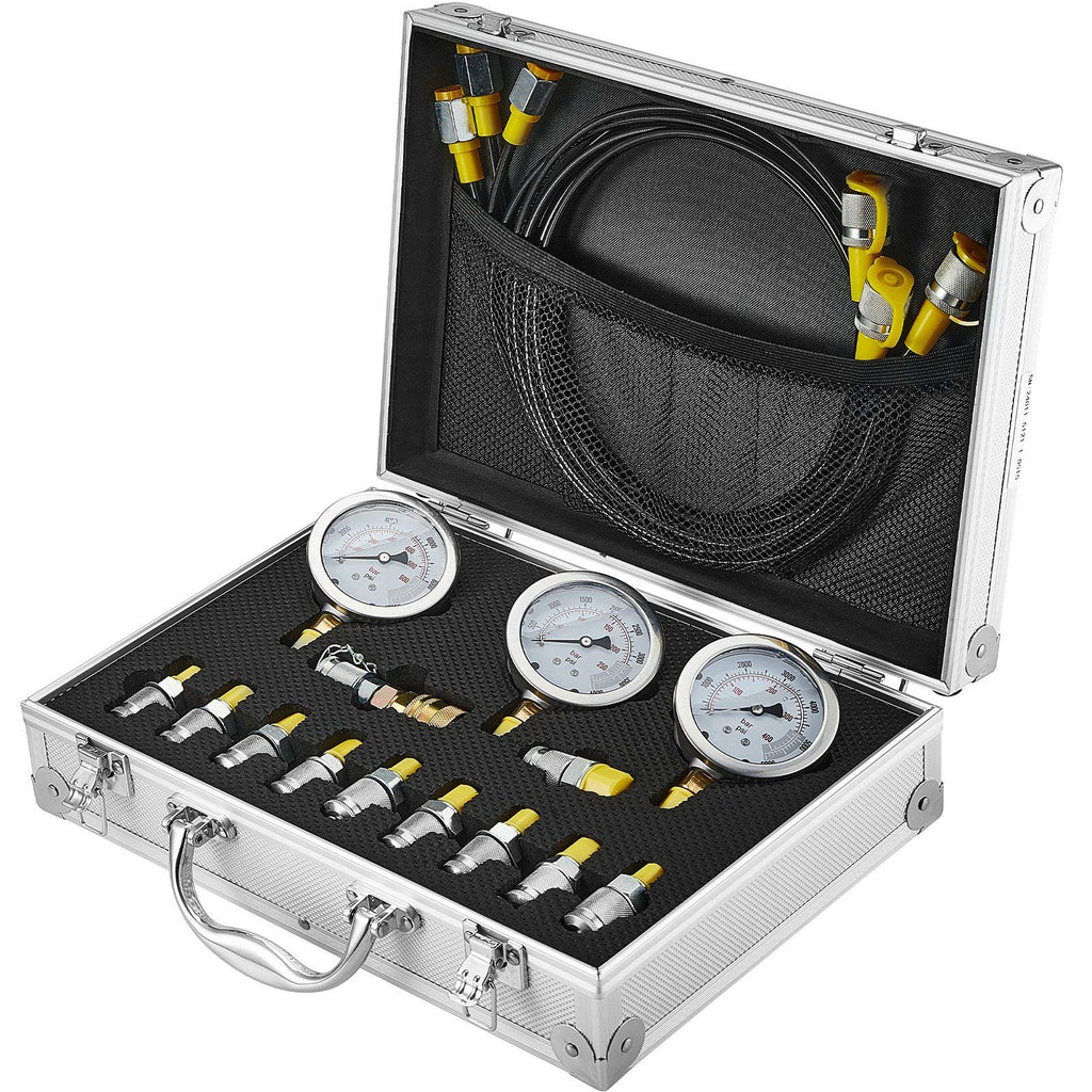 Hydraulic Pressure Test Kit, 250/400/600bar, 3 Gauges 11 Test Couplings 3 Test Hoses, Excavator Hydraulic Test Gauge Set with Portable Carrying Case for Excavator Tractors Construction Machinery