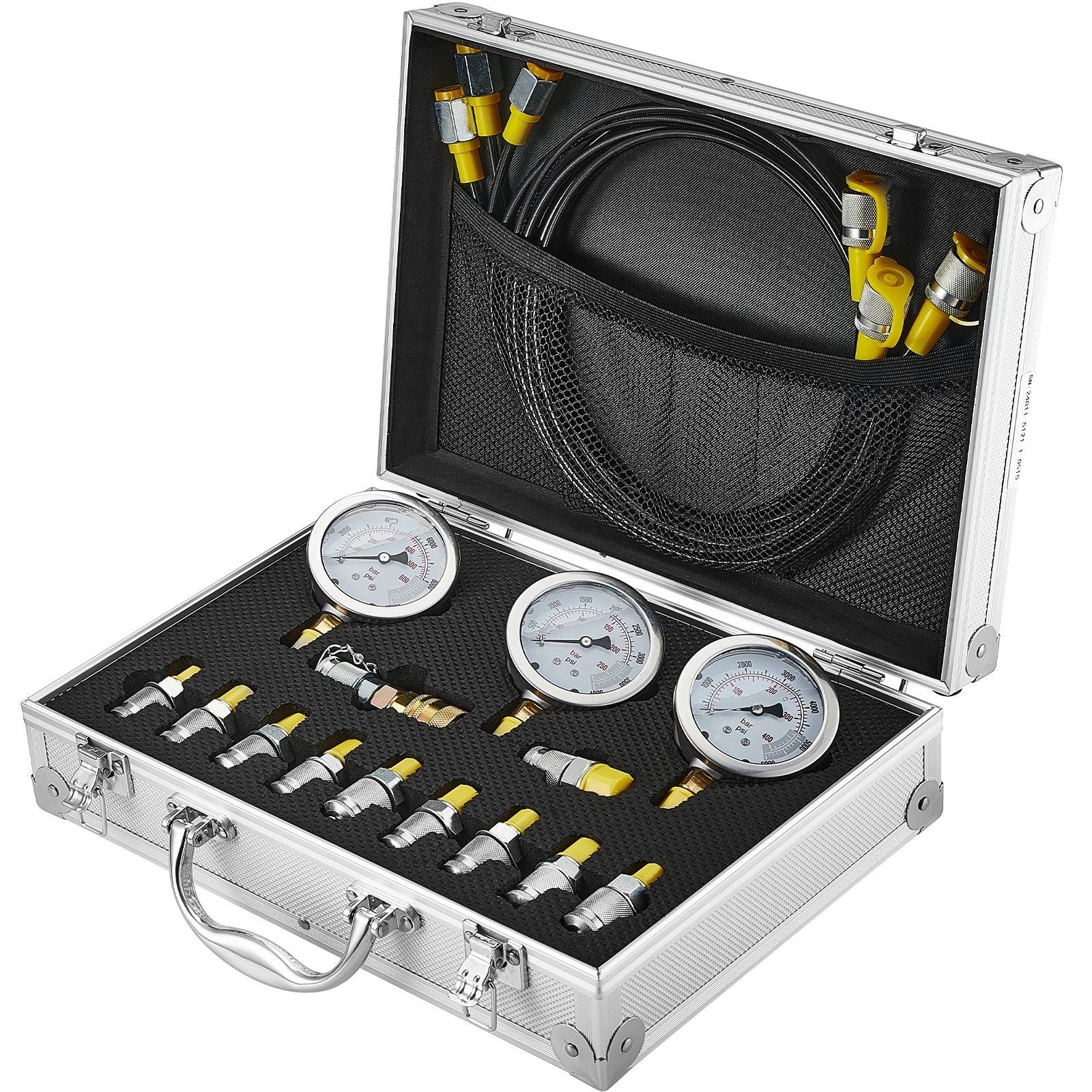 Hydraulic Pressure Test Kit, 250/400/600bar, 3 Gauges 11 Test Couplings 3 Test Hoses, Excavator Hydraulic Test Gauge Set with Portable Carrying Case for Excavator Tractors Construction Machinery