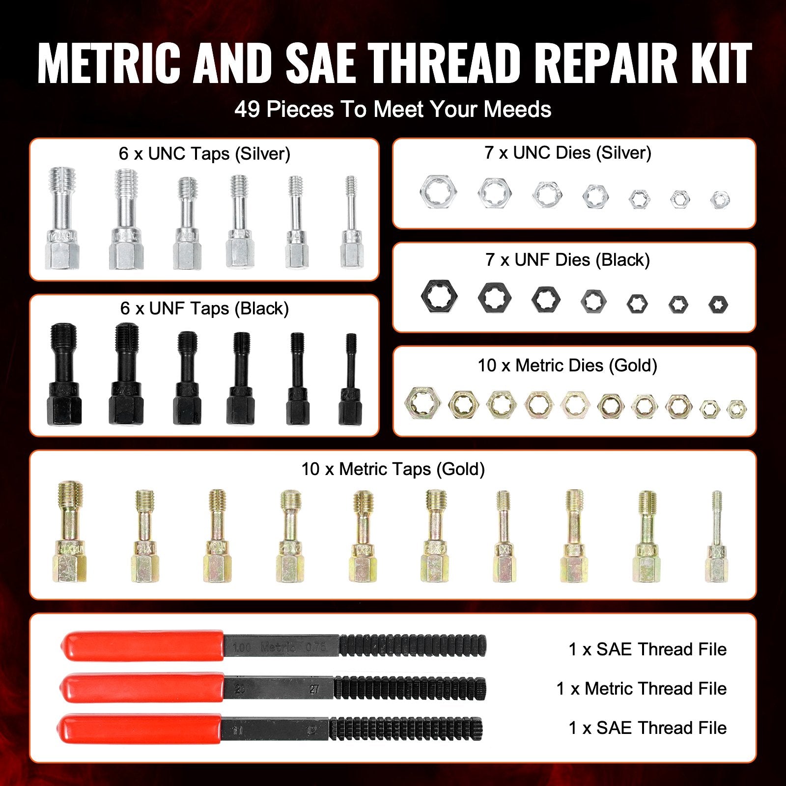 49-Piece Thread Chaser Set, UNC UNF and Metric Thread Restorer Tool, Rethreading Tool Kit with 22 Taps 24 Dies 3 Thread Files Storage Case, Heat Treated Steel, for Mechanics DIY Enthusiasts