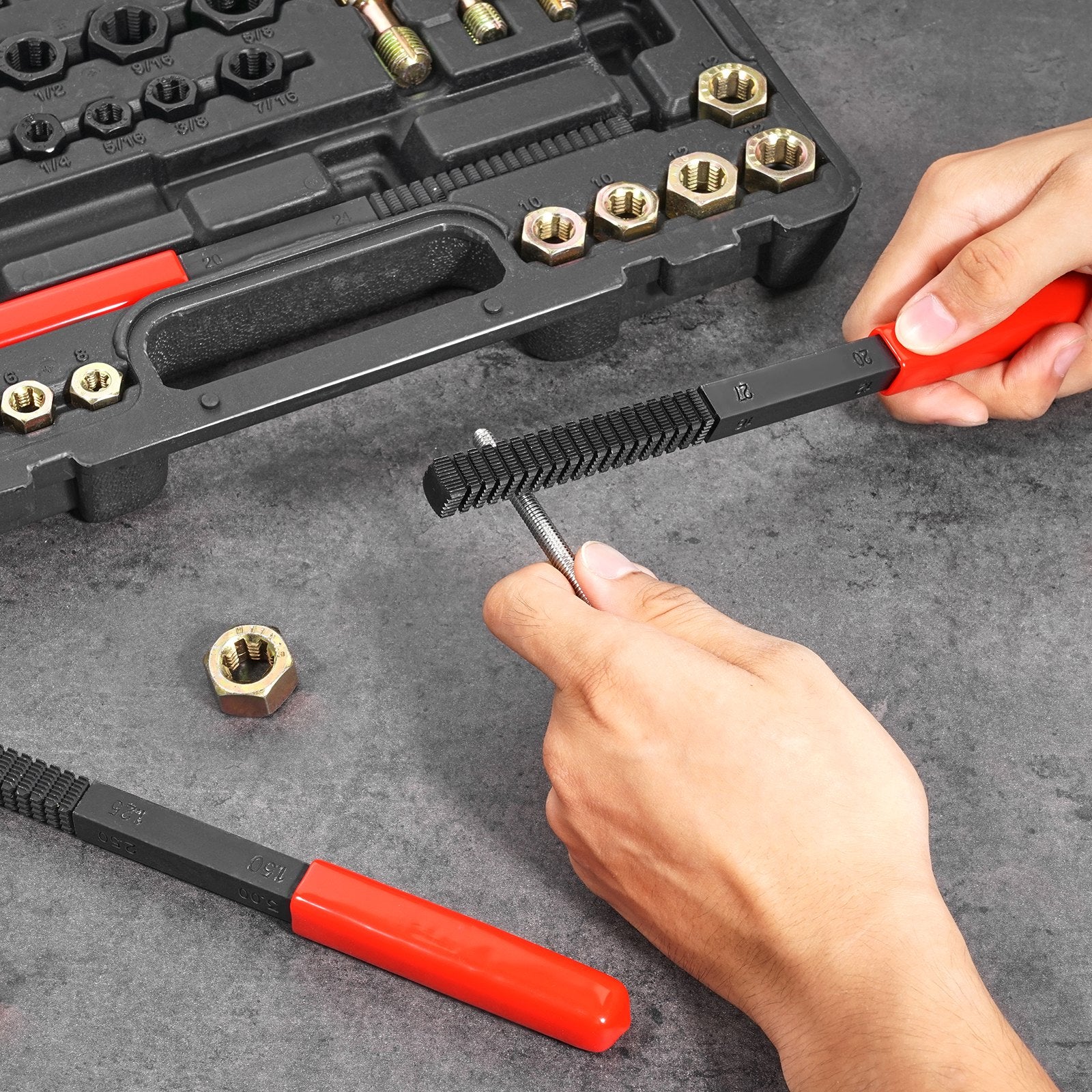 49-Piece Thread Chaser Set, UNC UNF and Metric Thread Restorer Tool, Rethreading Tool Kit with 22 Taps 24 Dies 3 Thread Files Storage Case, Heat Treated Steel, for Mechanics DIY Enthusiasts