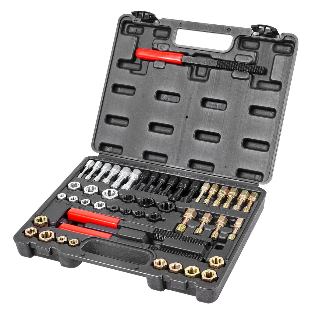 49-Piece Thread Chaser Set, UNC UNF and Metric Thread Restorer Tool, Rethreading Tool Kit with 22 Taps 24 Dies 3 Thread Files Storage Case, Heat Treated Steel, for Mechanics DIY Enthusiasts