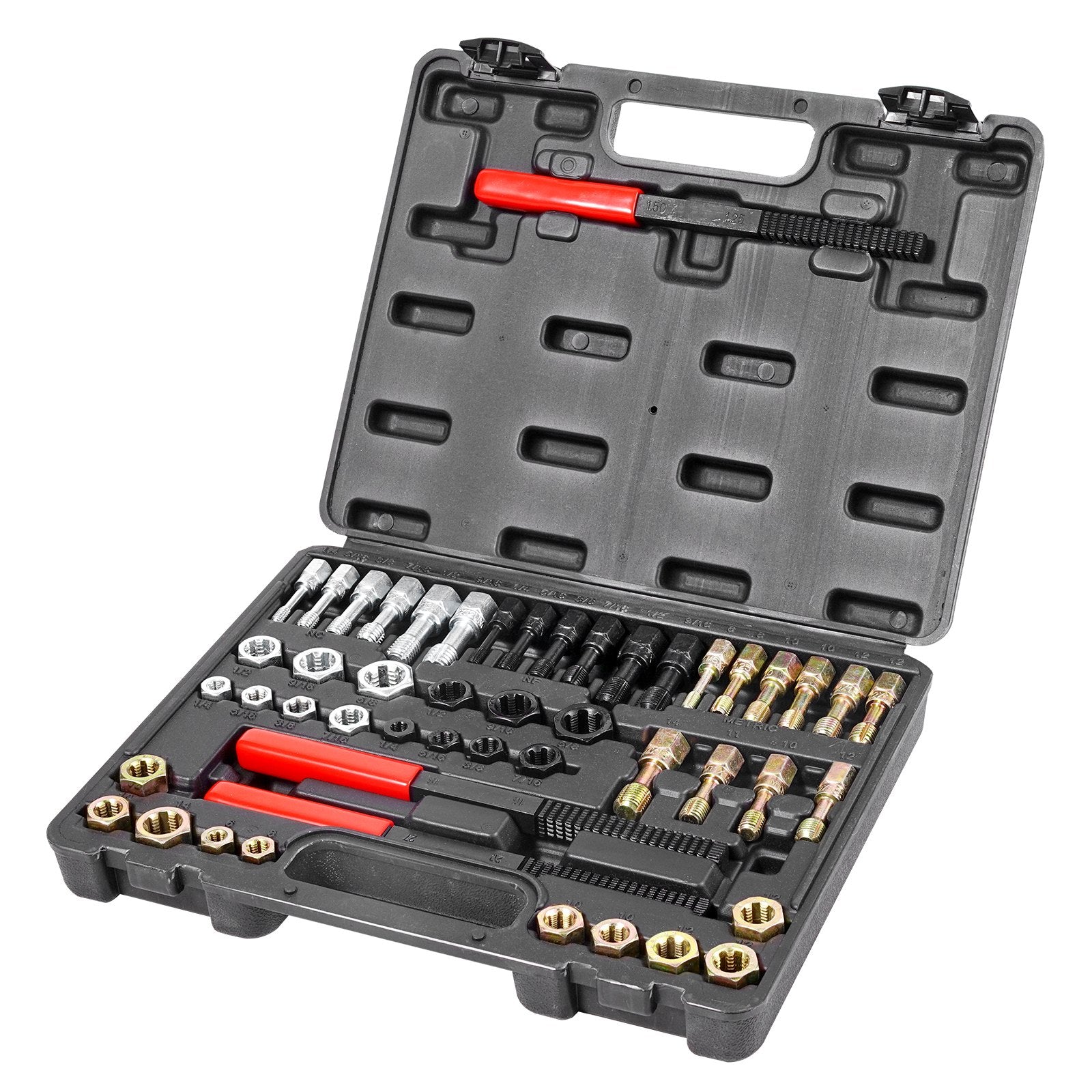 49-Piece Thread Chaser Set, UNC UNF and Metric Thread Restorer Tool, Rethreading Tool Kit with 22 Taps 24 Dies 3 Thread Files Storage Case, Heat Treated Steel, for Mechanics DIY Enthusiasts