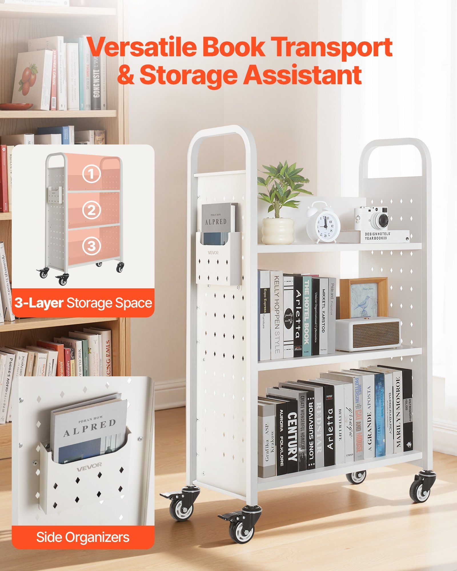 Rolling Library Book Cart, 150 kg Capacity, 77 x 38 x 122 cm Library Cart, Single Sided L-Shaped Shelves with 76.2 mm Lockable Wheels, Book Truck for Home Shelves Office and School, White