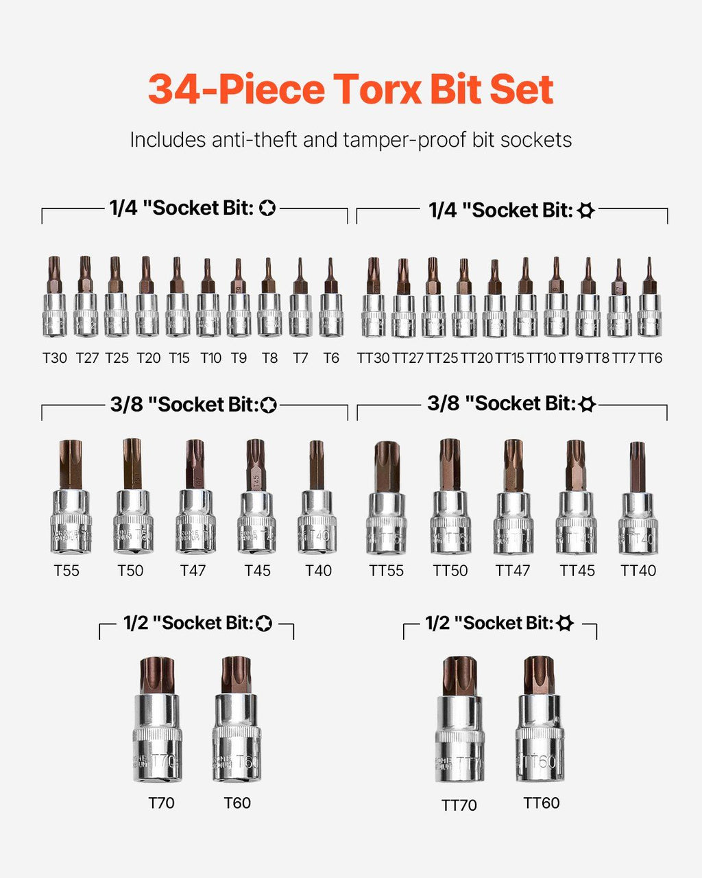 Torx Bit Socket Set, 34-Piece Solid Star and Tamper Proof T6-T70, S2 Alloy Steel and Cr-V Steel, 1/4 in, 3/8 in, and 1/2 in Drives, with Enhanced Storage Case, Torx Sockets for Hand Use