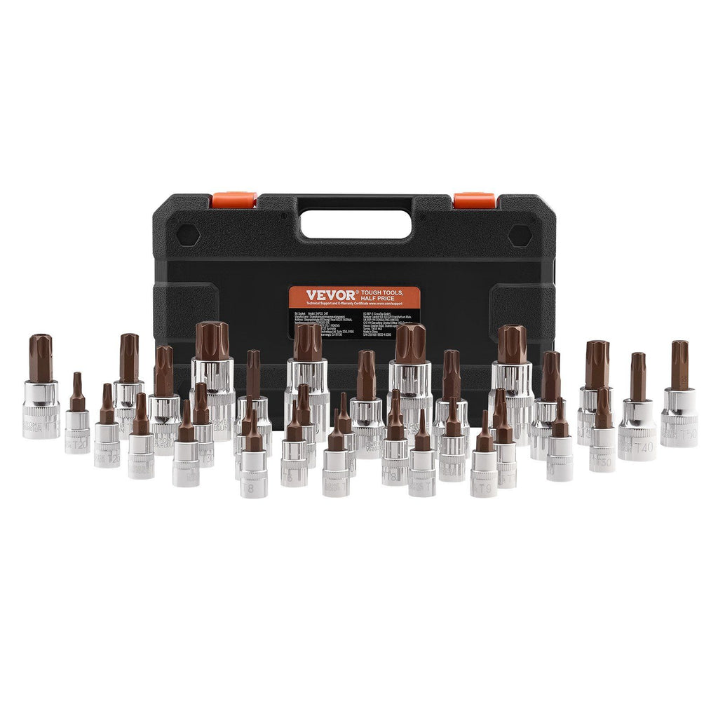 Torx Bit Socket Set, 34-Piece Solid Star and Tamper Proof T6-T70, S2 Alloy Steel and Cr-V Steel, 1/4 in, 3/8 in, and 1/2 in Drives, with Enhanced Storage Case, Torx Sockets for Hand Use