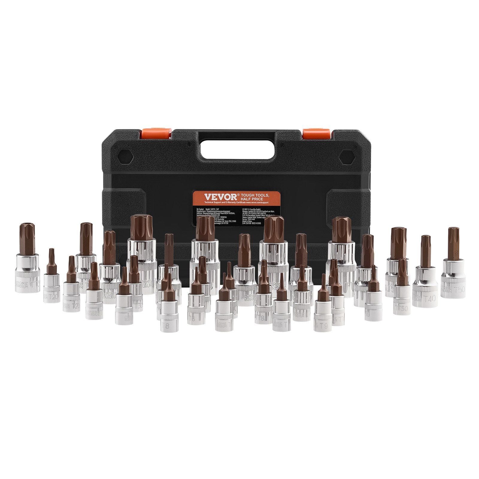 Torx Bit Socket Set, 34-Piece Solid Star and Tamper Proof T6-T70, S2 Alloy Steel and Cr-V Steel, 1/4 in, 3/8 in, and 1/2 in Drives, with Enhanced Storage Case, Torx Sockets for Hand Use