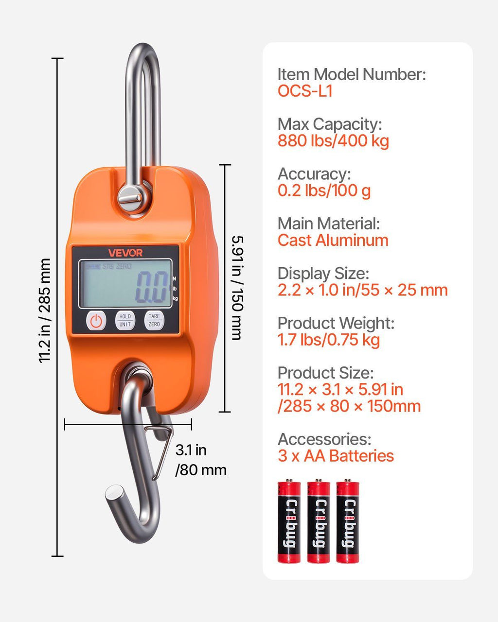 Digital Crane Scale, 880 lbs/400 kg Max Capacity, Handheld Hanging Scale with Cast Aluminum Case & LCD Display, 100 g Division & 3 Unit Switch, Auto-Off Setting for Farm Hunting Fishing, Orange