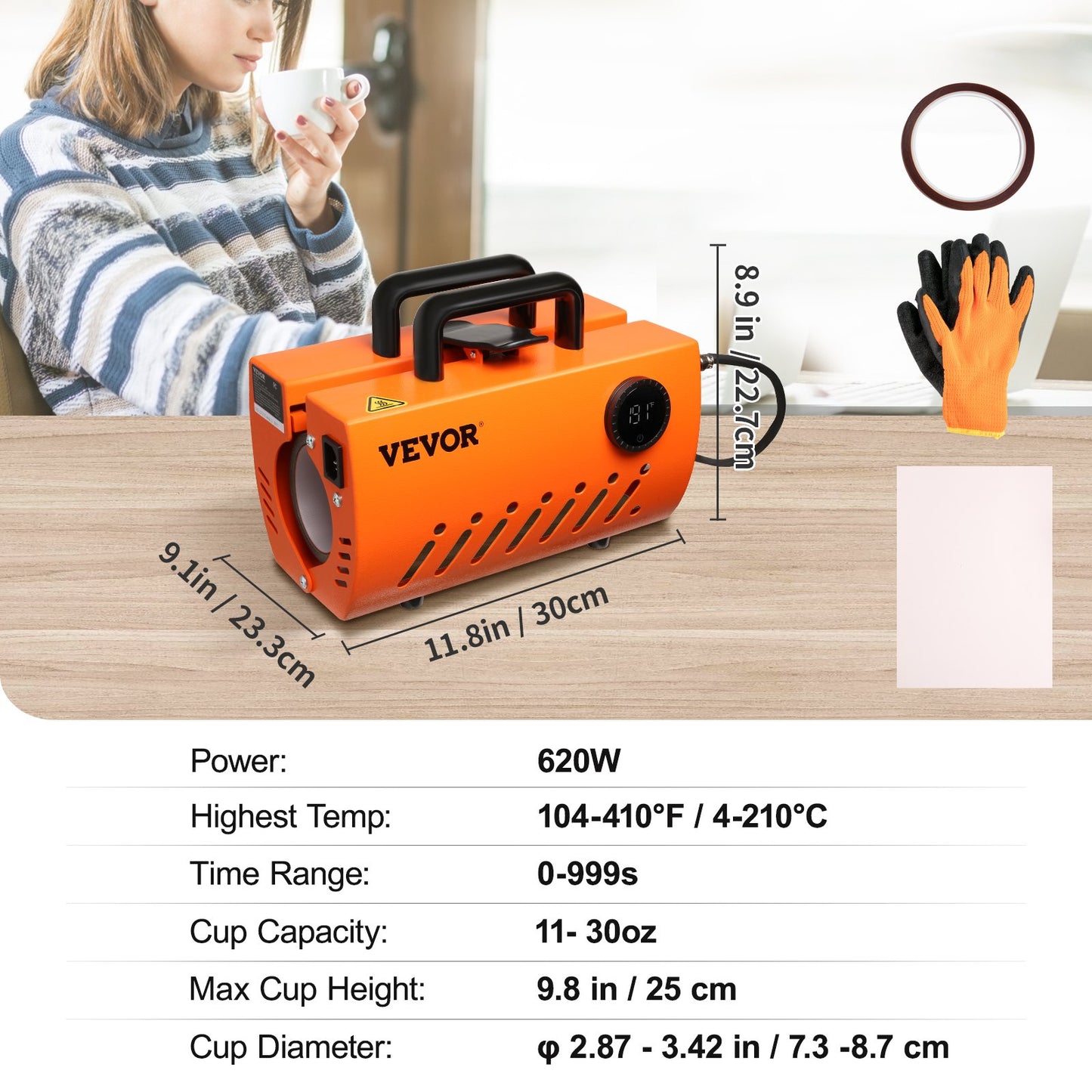 Mug Heat Press, 30oz Tumbler Heat Press Machine, Sublimation Transfer 11-15oz 16-25oz 30oz Straight Skinny Tumblers, Cup Heat Press with Heat-resist Gloves & Tape, DIY Ceramic Mugs Cups Glasses