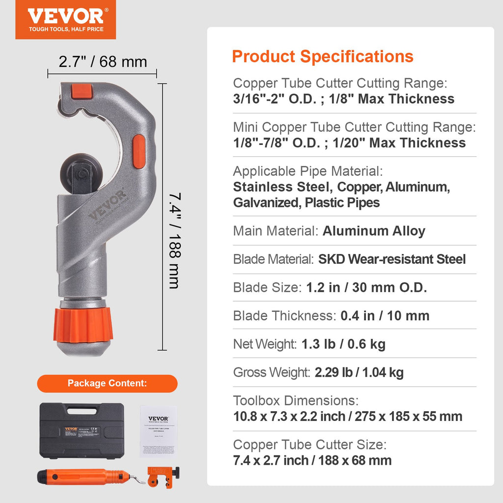 3PCS Tubing Cutter Set, 3/16"-2" O.D. Copper Pipe Cutter, 1/8"-7/8" O.D. Mini Tube Cutter and Deburring Tool, Heavy Duty Pipe Cutter Set for Copper, Aluminum, Stainless Steel, Plastic Pipes