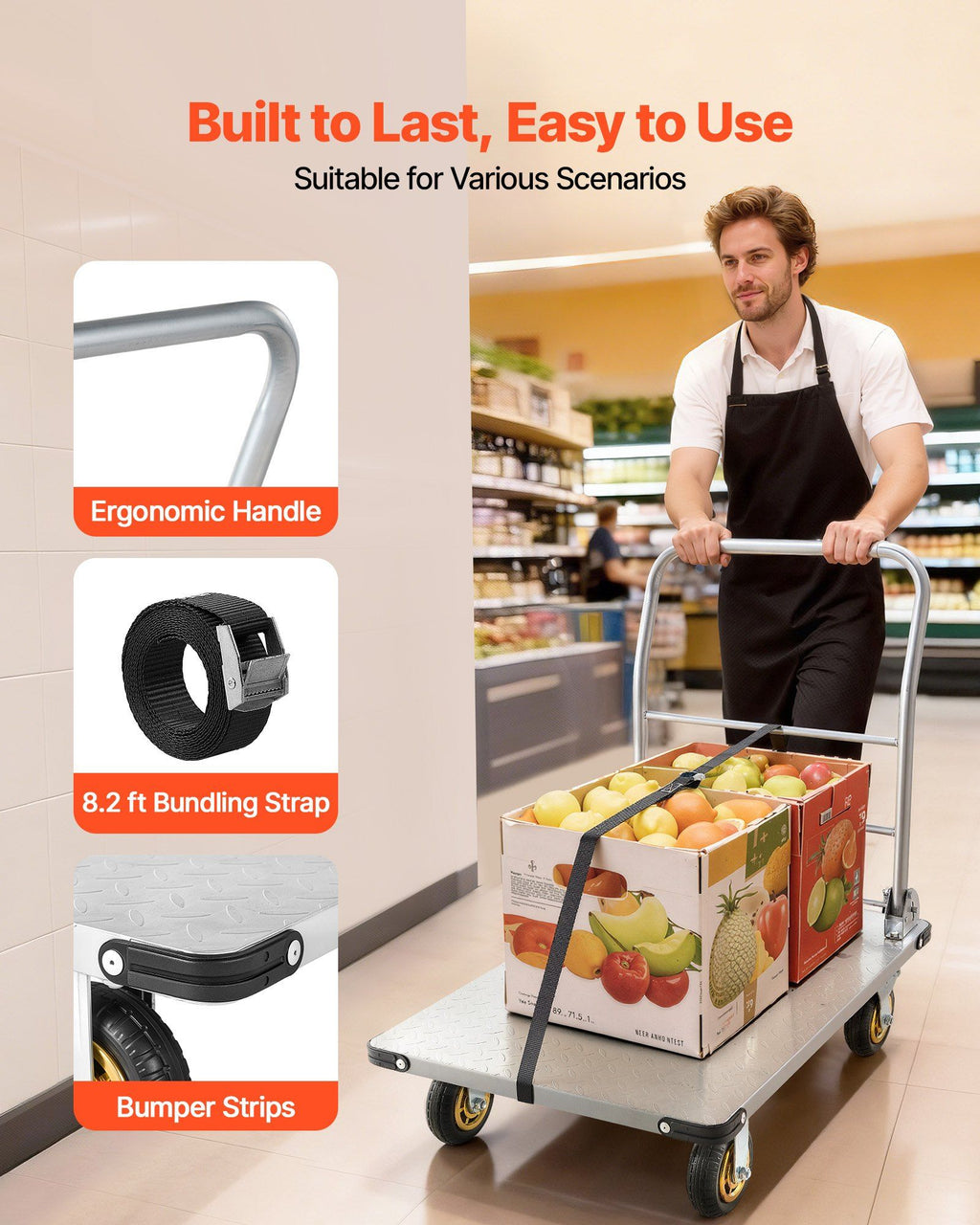 Platform Truck, 907.18 kg Capacity, Heavy Duty Steel Flatbed Cart with Swivel Wheels and Handle, Foldable Platform Hand Push Truck Dolly, for Groceries, Garage, Warehouse, 900 x 600 x 900 mm