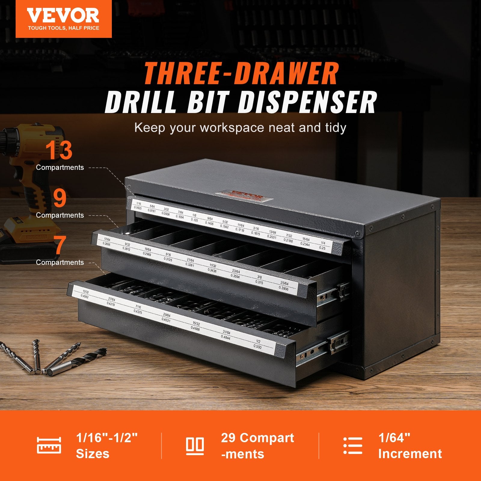 Drill Bit Dispenser Cabinet, Three-Drawer Drill Bit Organizer Cabinet for 1/16" to 1/2", Steel Drill Dispenser Organizer Cabinet with Labels, Stackable Drill Dispenser for Drill Bit Storage
