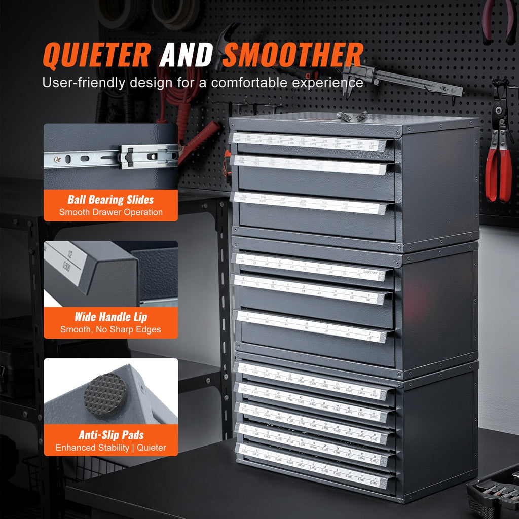 Drill Bit Dispenser Cabinet, Three-Drawer Drill Bit Organizer Cabinet for 1/16" to 1/2", Steel Drill Dispenser Organizer Cabinet with Labels, Stackable Drill Dispenser for Drill Bit Storage