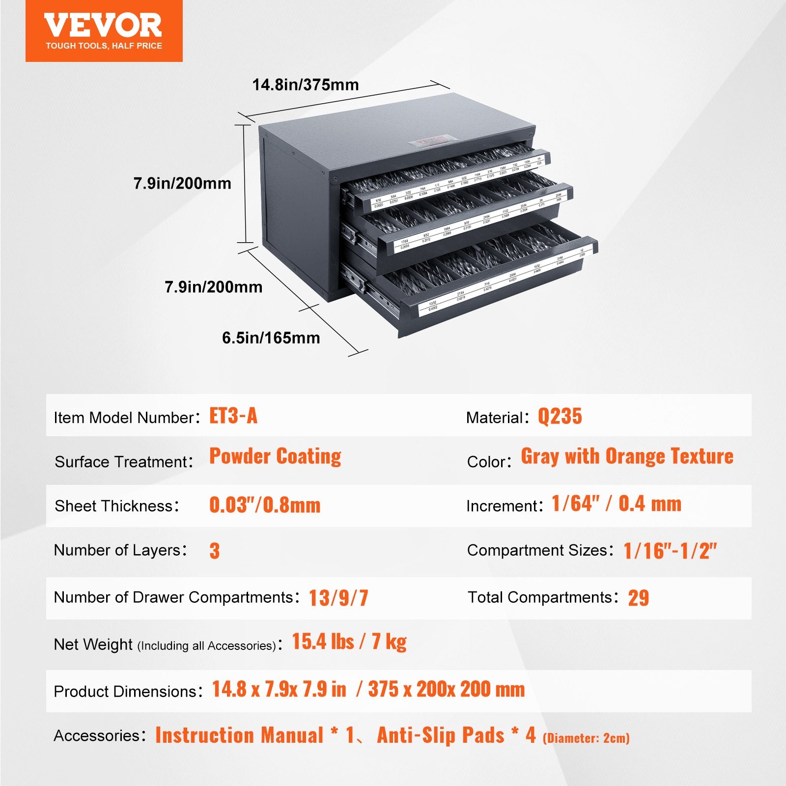 Drill Bit Dispenser Cabinet, Three-Drawer Drill Bit Organizer Cabinet for 1/16" to 1/2", Steel Drill Dispenser Organizer Cabinet with Labels, Stackable Drill Dispenser for Drill Bit Storage