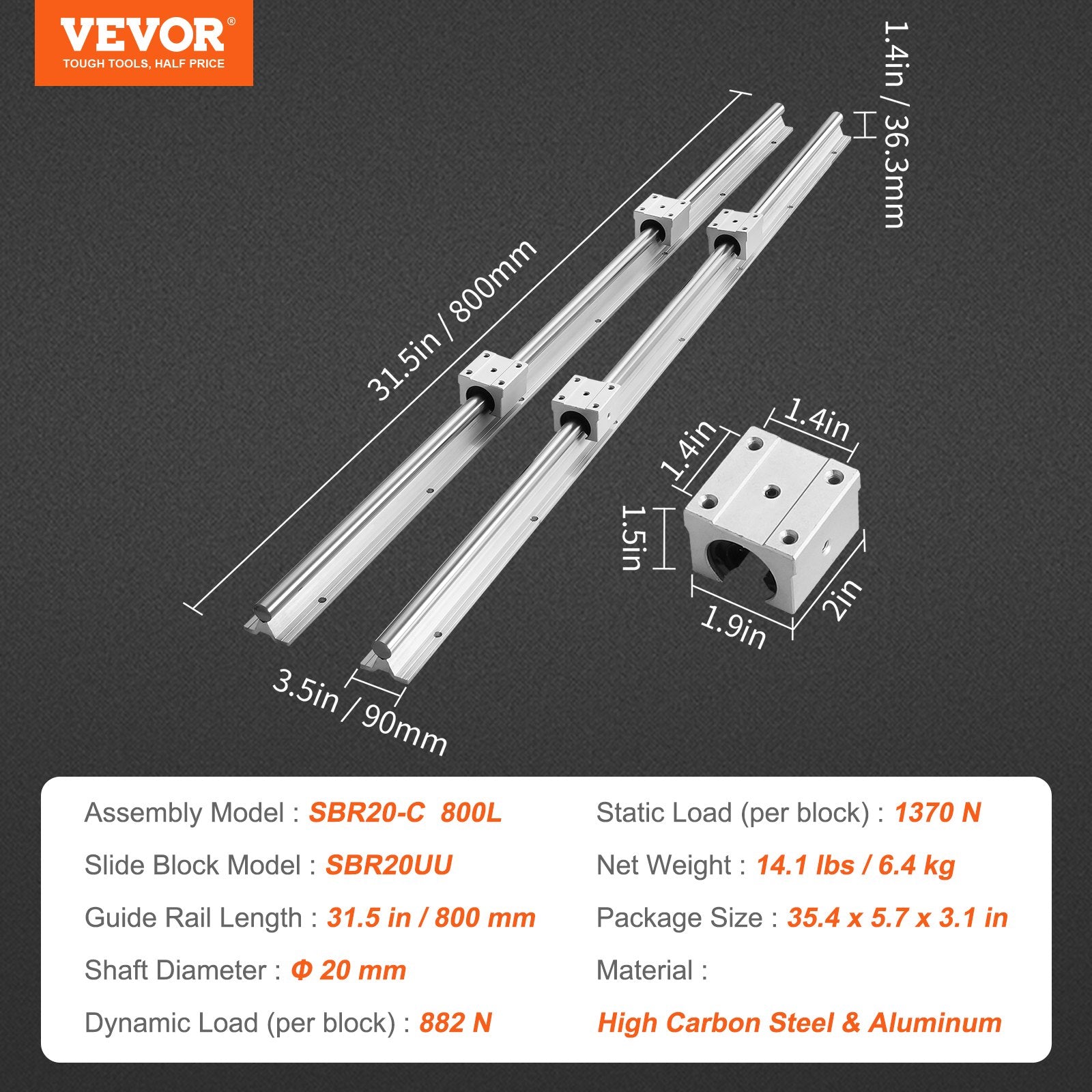 Linear Guide Rail Set, SBR20 800mm, 2 PCS 31.5 in/800 mm SBR20 Guide Rails and 4 PCS SBR20UU Slide Blocks, Linear Rails and Bearings Kit for Automated Machines DIY Project CNC Router Machines