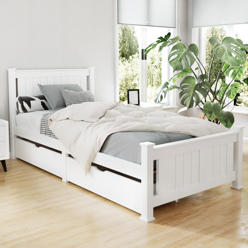Bed Frame Single Size Wooden with 2 Drawers White RIO