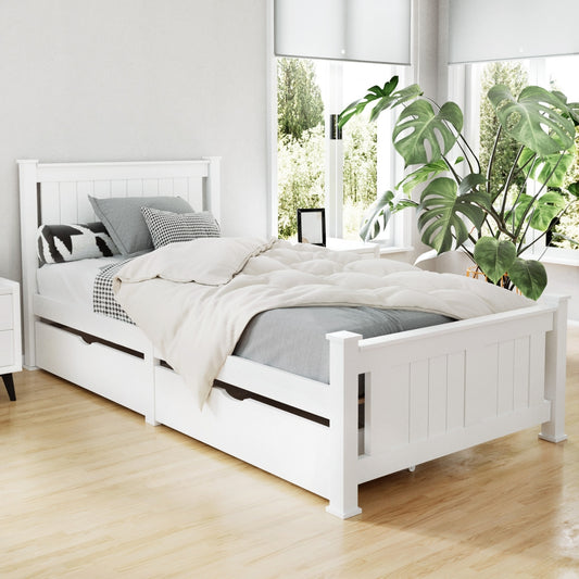Bed Frame Single Size Wooden with 2 Drawers White RIO