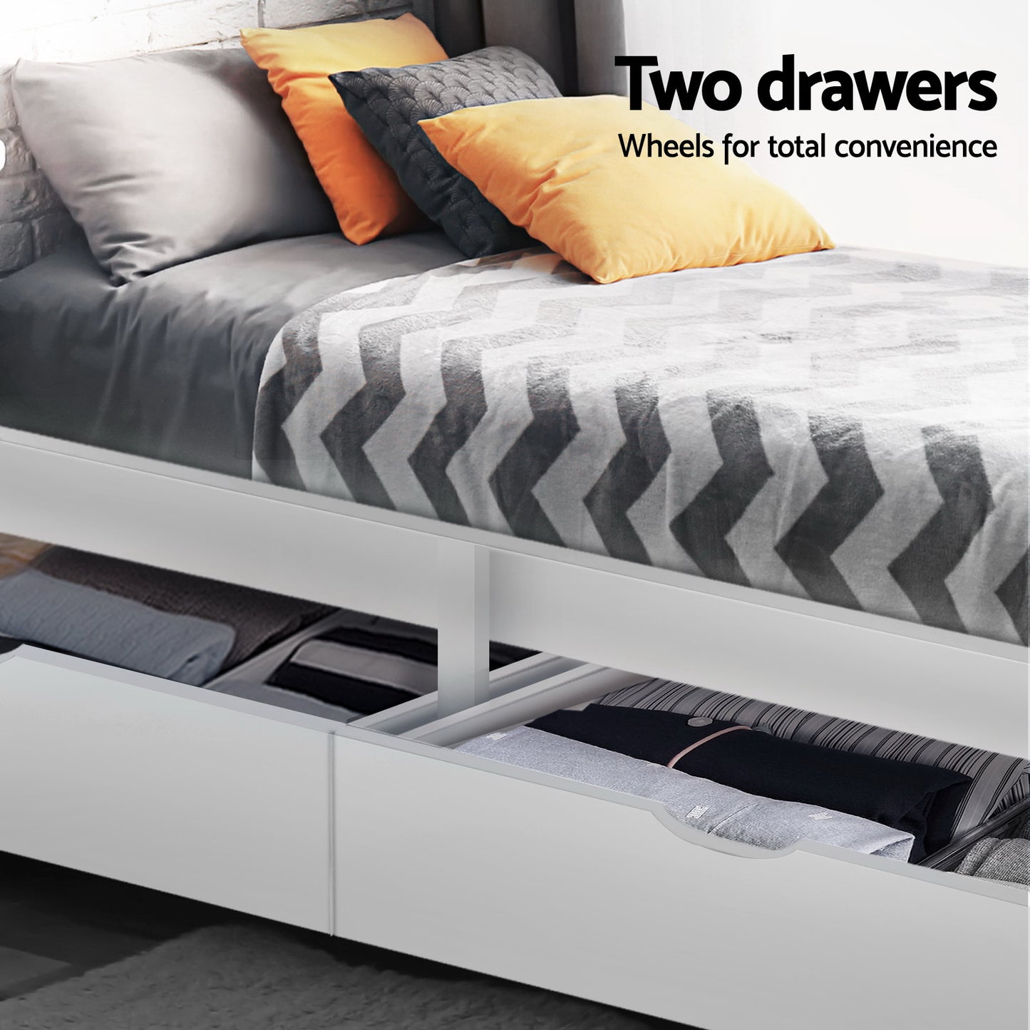 Bed Frame Single Size Wooden with 2 Drawers White RIO